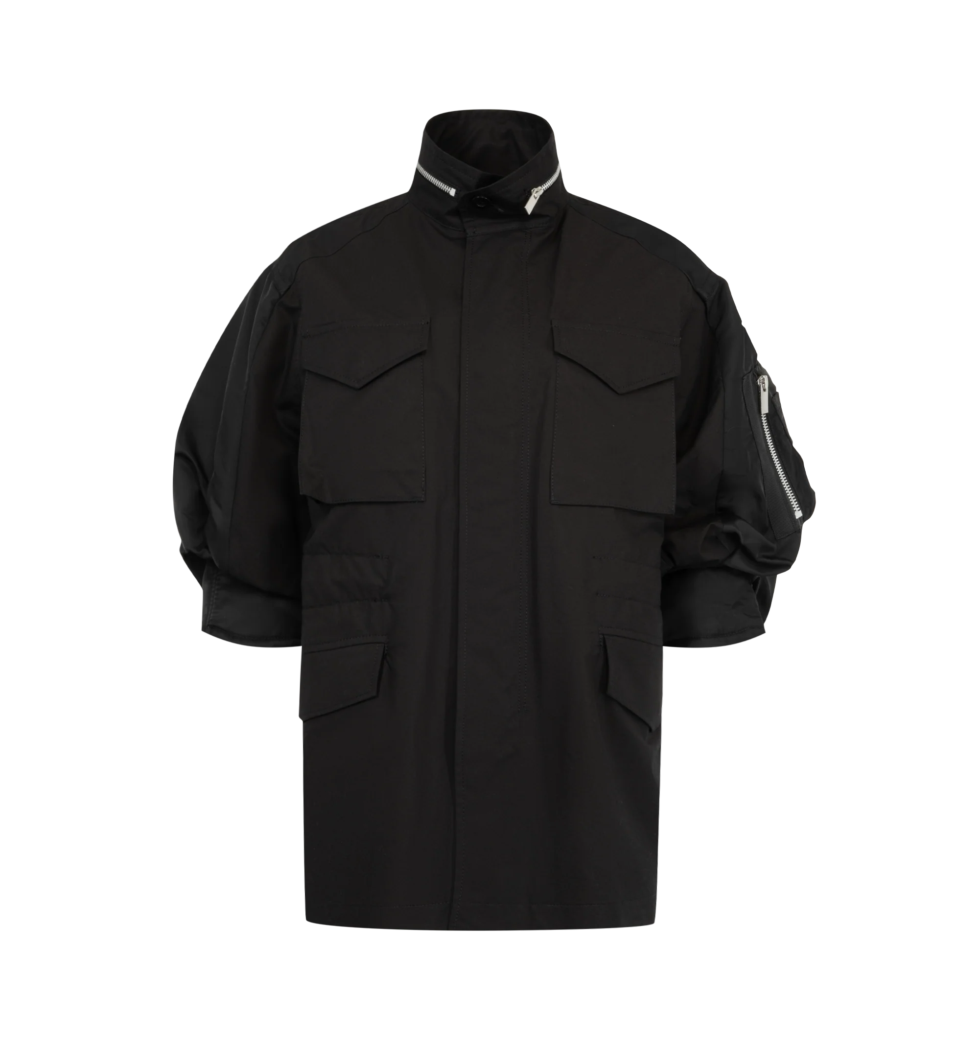 Image 1 of 4 - BLACK - Sacai oversized jacket in cotton weather cloth featuring nylon twill sleeve panels, high stand collar with zipper detail, concealed front closure, flap pockets at the chest and waist, and a sleeve zip pocket. Outer fabric is 100% cotton with 100% nylon sleeves and 100% polyester lining and fill. Made in Japan.