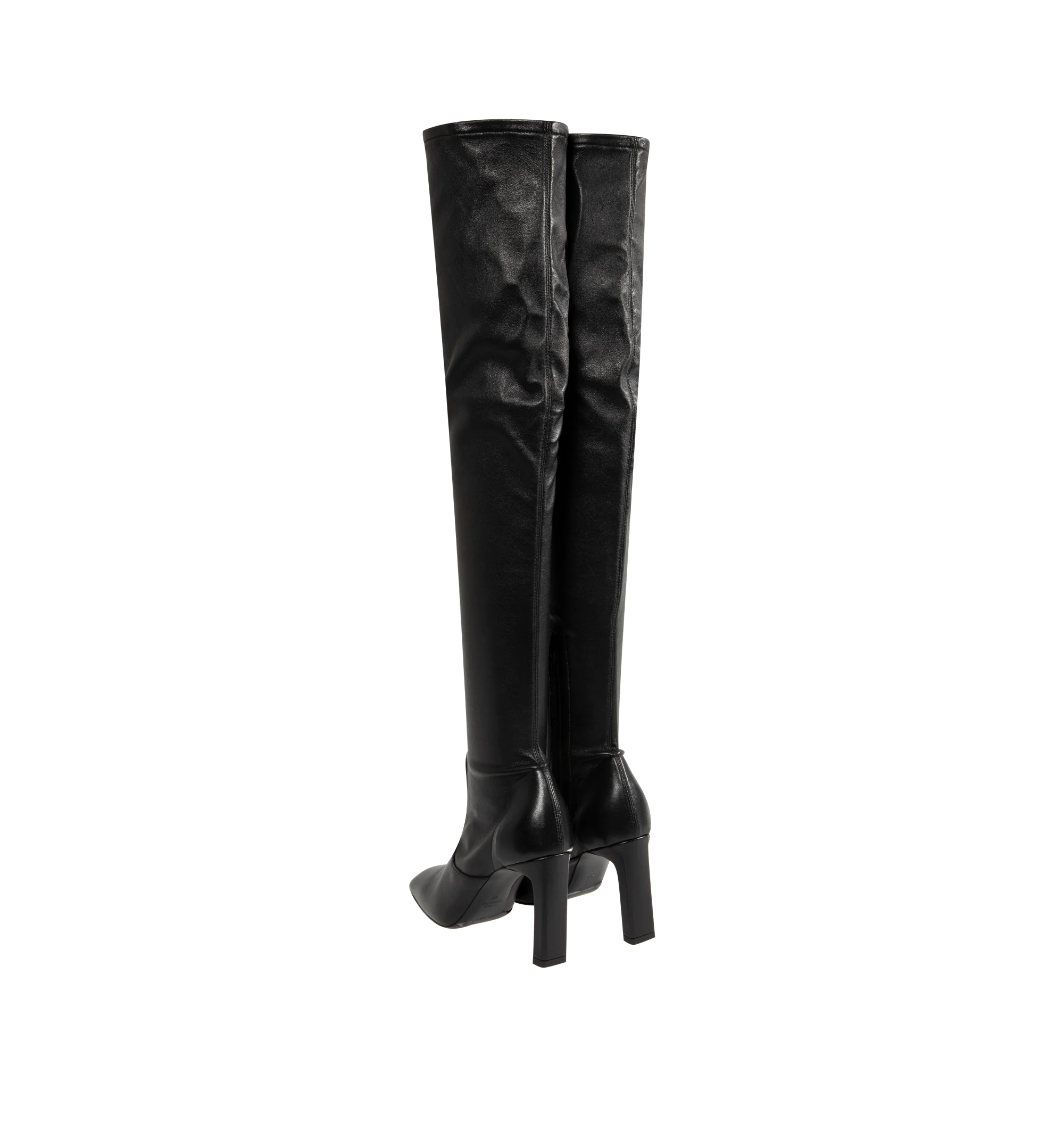 Image 3 of 4 - BLACK - Toteme Women's Nappa Over-the-Knee Boots are crafted from soft stretch Nappa leather and feature a contoured, second-skin silhouette that extends above the knee. Designed with a short side zipper and stretch neoprene lining for a close fit, these designer boots are set on a sculptural bar-shaped, set-back heel and finished with a leather insole and sole. Main Material: 100% Lamb Leather. Lining: 100% Sheep Leather. Sole: 100% Cow Leather. Heel Height: 85 mm / 3.3 in. Closure: Side Zip