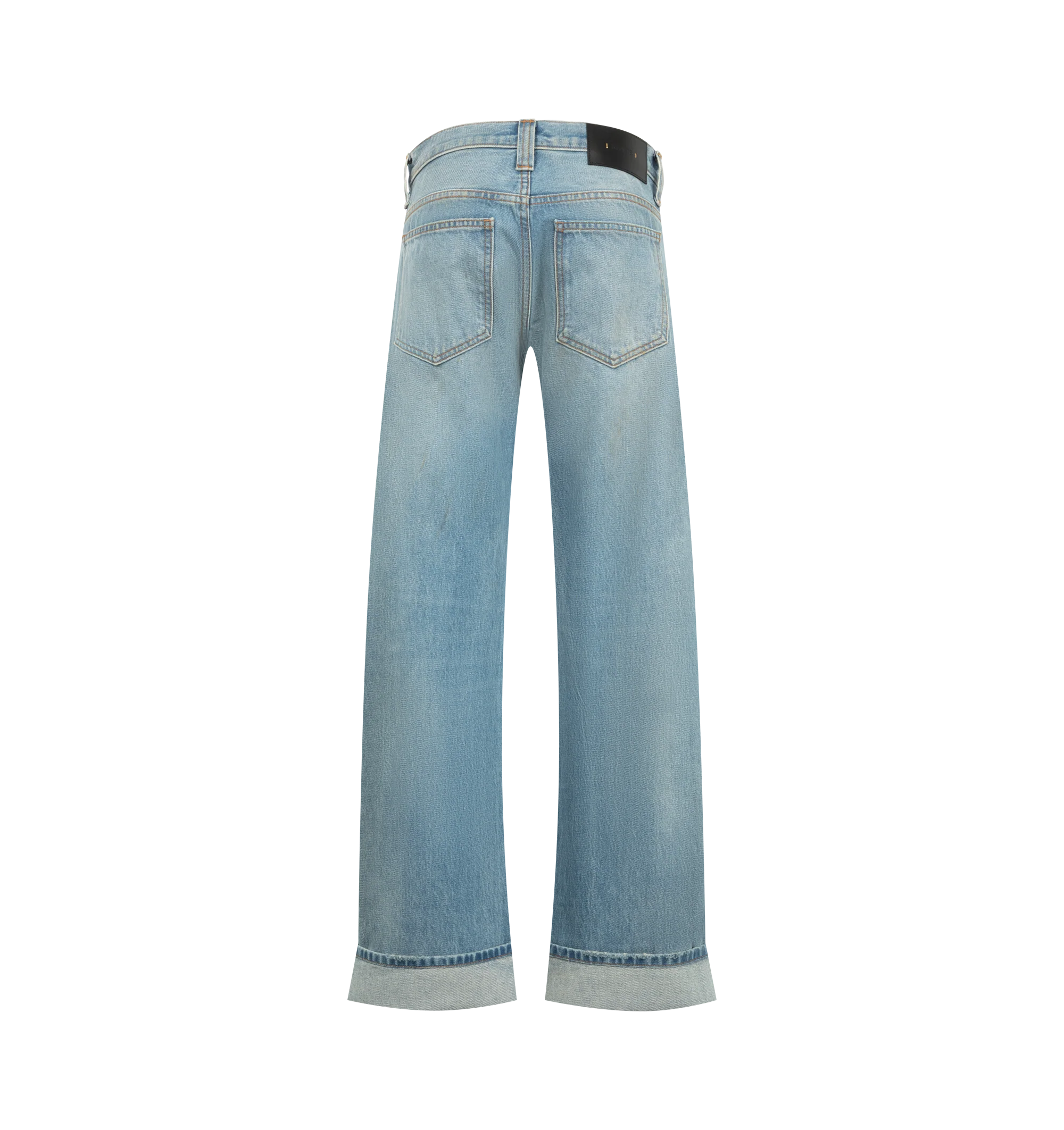 Image 2 of 3 - BLUE - Khaite Women's Karo Jean is crafted from rigid cotton denim and features a low-rise silhouette designed to sit low on the hips, detailed with curved seams that create a bowed leg shape, cuffed hems, classic five-pocket styling, and an antiqued nickel embossed button closure. Main Material: 100% Cotton. Made in USA. 