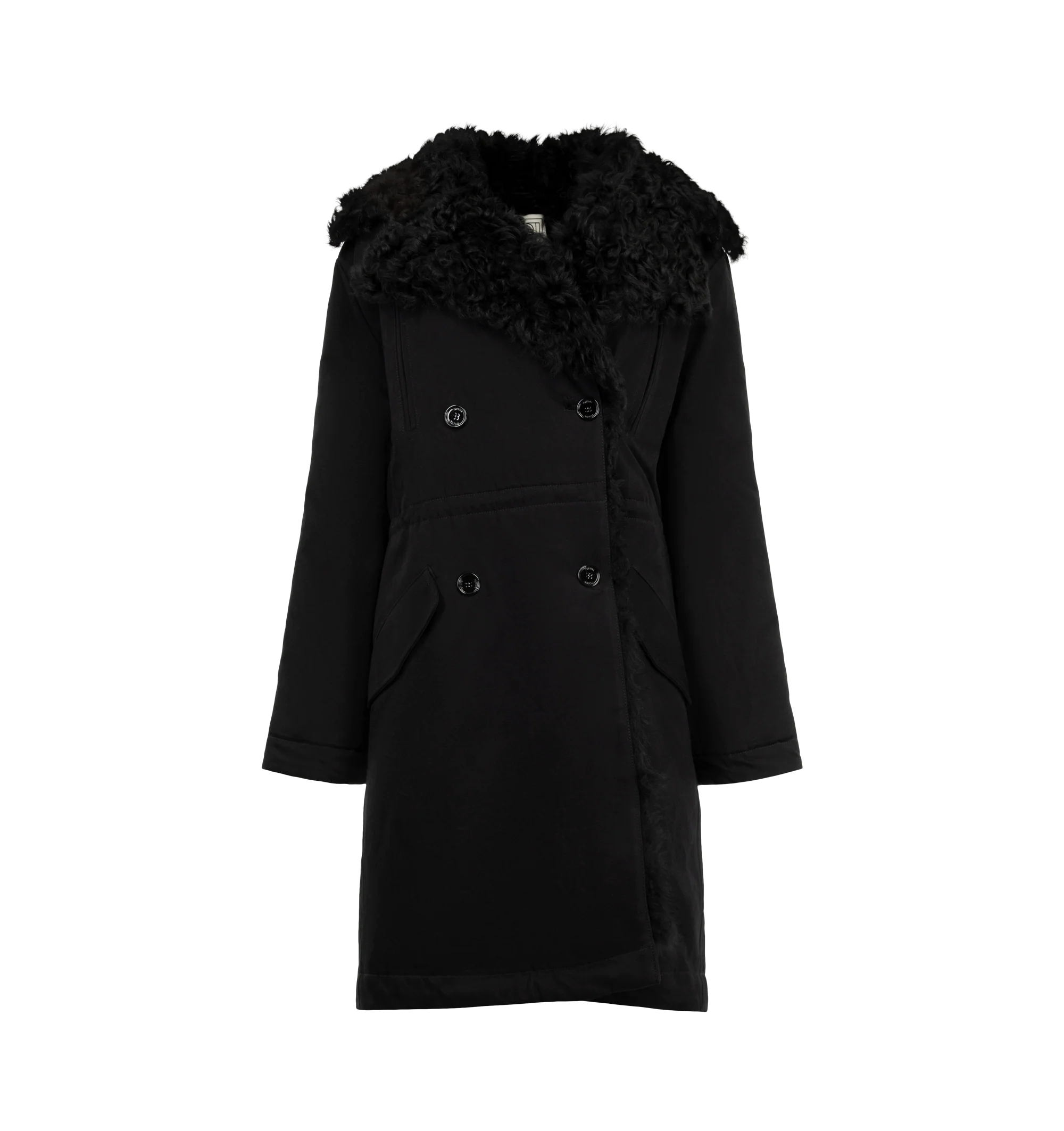 Image 1 of 3 - BLACK - Toteme Women's Shearling Cotton Parka that reimagines a heritage winter silhouette with a curly black shearling lining for exceptional warmth. Crafted from cotton with quilted sleeves, it features adjustable drawstrings at the waist and hem for a customizable fit, plus four pockets for practicality. Materials: 100% organic cotton; lining: 100% lamb leather; sleeve lining: 100% viscose.