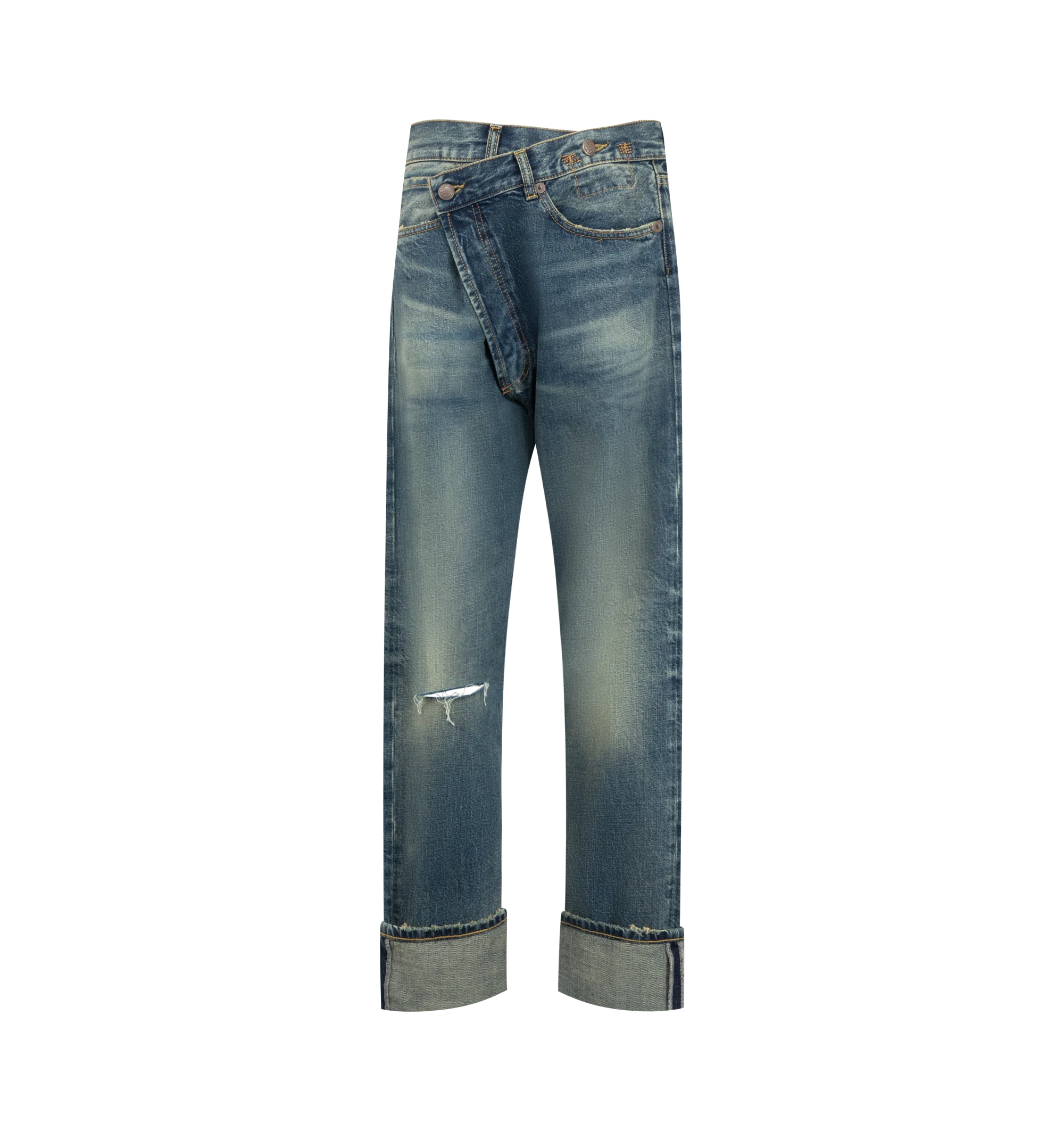 Image 1 of 3 - BLUE - R13 Women's Cuffed Crossover Jeans are crafted from premium rigid selvedge denim and feature the brand's signature asymmetric crossover waistband, a straight-leg silhouette, and rolled cuffed hems for a distinctive modern look. Designed with a classic five-pocket construction and premium craftsmanship, these designer jeans combine R13's iconic deconstructed aesthetic with timeless everyday versatility. Main Material: 100% Cotton. Made in Italy.