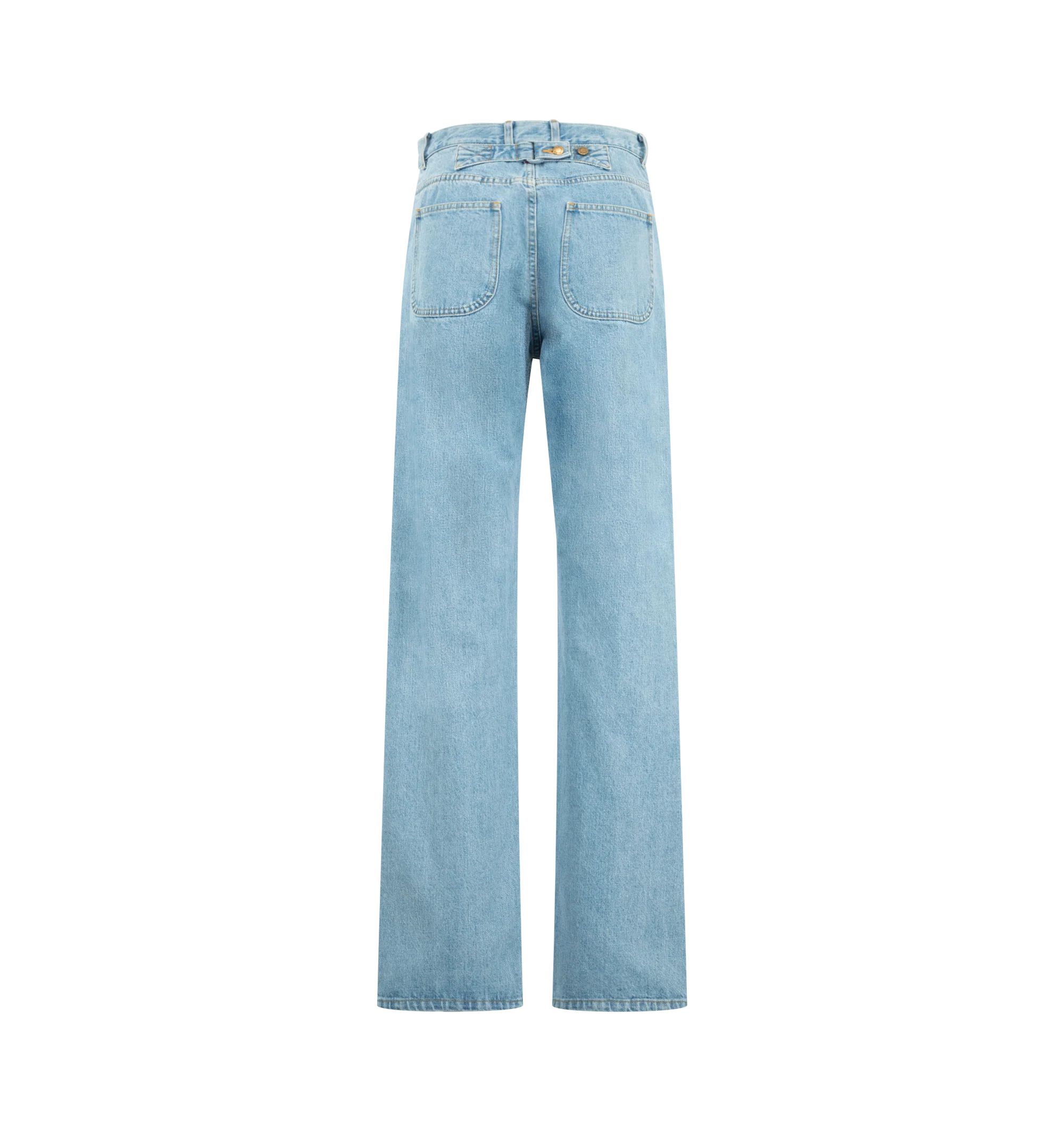 Image 2 of 3 - BLUE - Thom Browne Womens Classic 5-Pocket Jeans are crafted from Japanese selvedge denim. Feature a relaxed fit, button fly closure, five-pocket styling, reinforced back yoke with adjustable button-fastening backstrap, selvedge detail at the inner cuffs, and signature striped grosgrain loop tab. Main Material: 100% Cotton. Made in Japan.