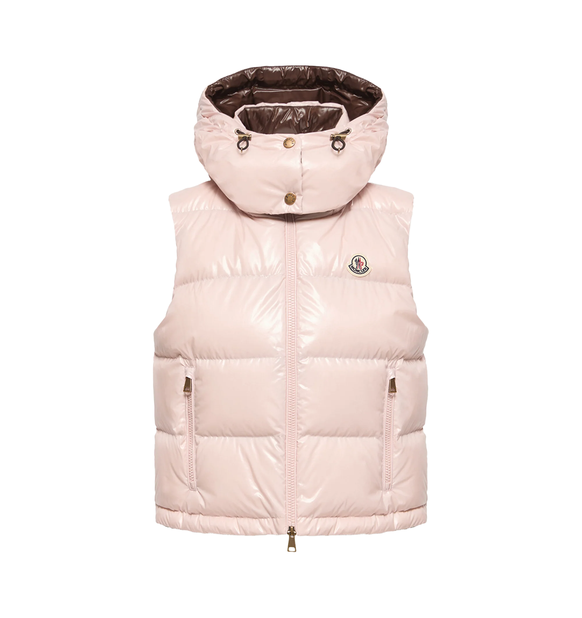 Image 1 of 1 - PINK - Moncler Women's Niverolle Short Down Vest is crafted from glossy nylon and features a down-filled construction, a detachable adjustable hood, a front zip closure, zipped pockets, an adjustable drawstring hem, and the signature logo patch. This designer down vest combines lightweight warmth with versatile functionality for elevated cold-weather layering. Main Material: 100% Polyamide (Nylon). Lining: 100% Polyamide (Nylon). Hood Lining: 100% Polyamide (Nylon). Padding: 90% Down, 10% Fea