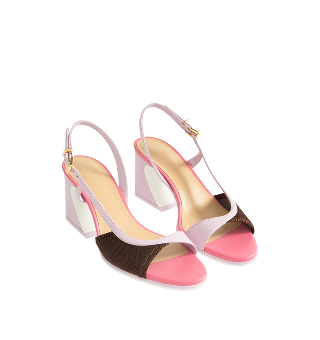 Image 2 of 4 - MULTI - FENDI Arco Sandal featuring asymmetric sandal with wide heel, iconic Arco shape, made of knit and nappa leather, two-tone rubber sole with FF design, rubber heel sole, varnished metal detail on the heel and engraved Fendi logo. 65mm. 75% polyester, 23% polyamide, 2% polyurethane. Made in Italy.
