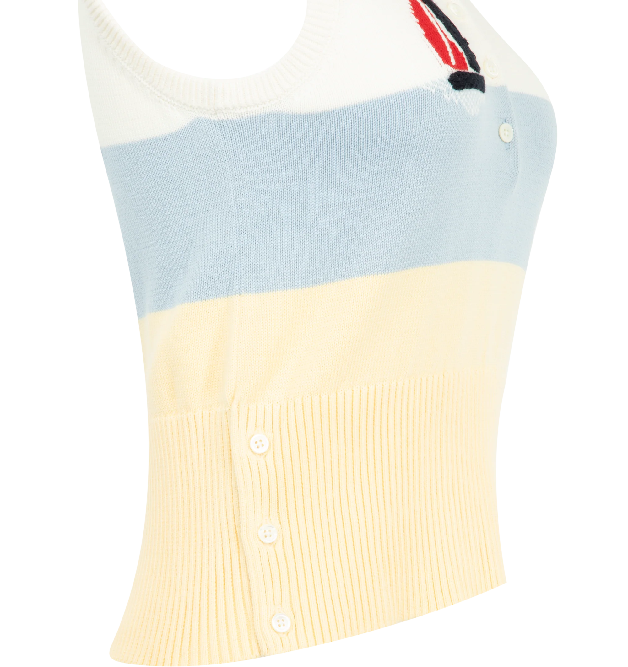 Image 3 of 3 - MULTI - Thom Browne Womens Polo Sweater is crafted from cotton knit. Features a partial button-front closure, ribbed polo collar, sleeveless silhouette, sailboat embroidery, buttoned side vents with signature RWB grosgrain trim, ribbed hem, and signature striped grosgrain loop tab. Main Material: 100% Cotton. Made in Italy.