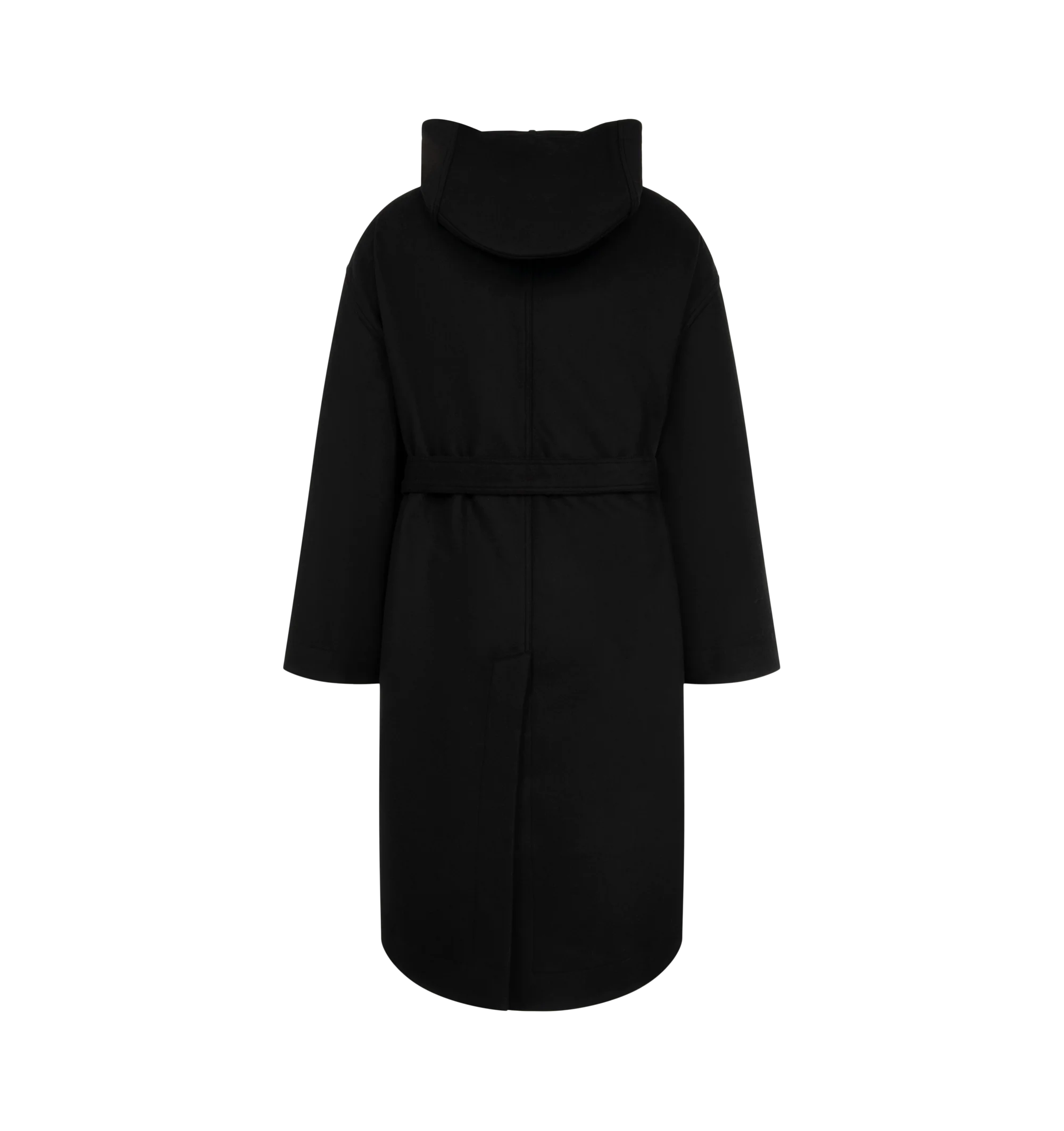 Image 2 of 3 - BLACK - Rick Owens Men's Tower Coat is crafted from heavyweight double-face cashmere and features a below-knee silhouette with a hood, dropped shoulders, and a wrap-front closure. Finished with a horn buckle belt, side seam pockets, back vent, and internal zip pockets. Main Material: 100% cashmere. Pocket Lining: 100% cotton. Buckle: 100% buffalo horn. 