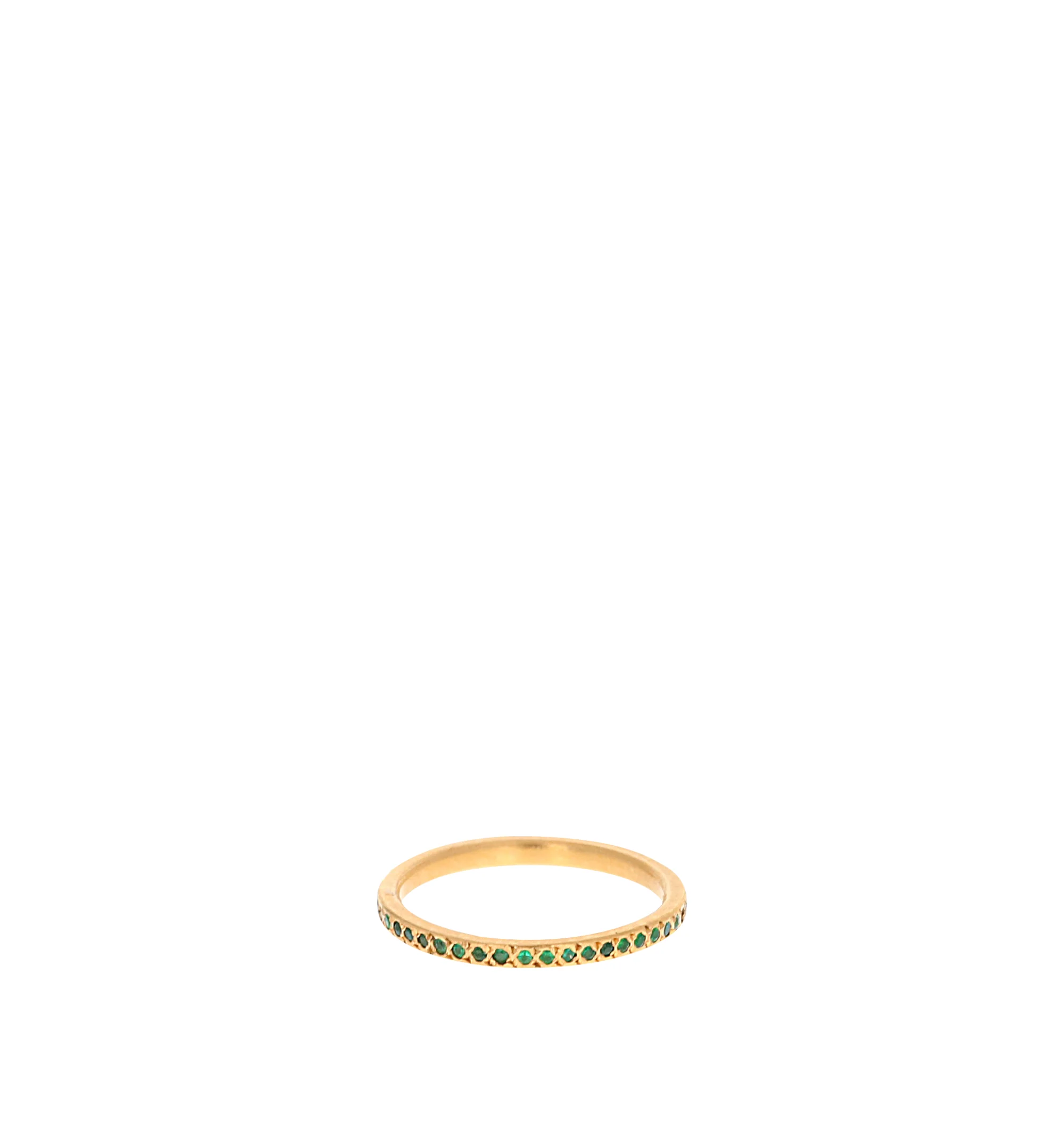 Image 1 of 1 - GOLD - Eli Halili Emerald Thin Band Ring is handcrafted in rich 22K gold and features a refined slender silhouette set halfway around the band with precious emeralds for a subtle touch of vibrant color. Main Material: 22K Gold. Gemstones: Approximately 0.10 CTW Precious Emeralds. Setting: Half Band. Ring Size: 7.For personal consultation and detailed information about jewelry, please contact our dedicated stylist team at personalshopping@hirshleifers.com.This item may be restricted for online