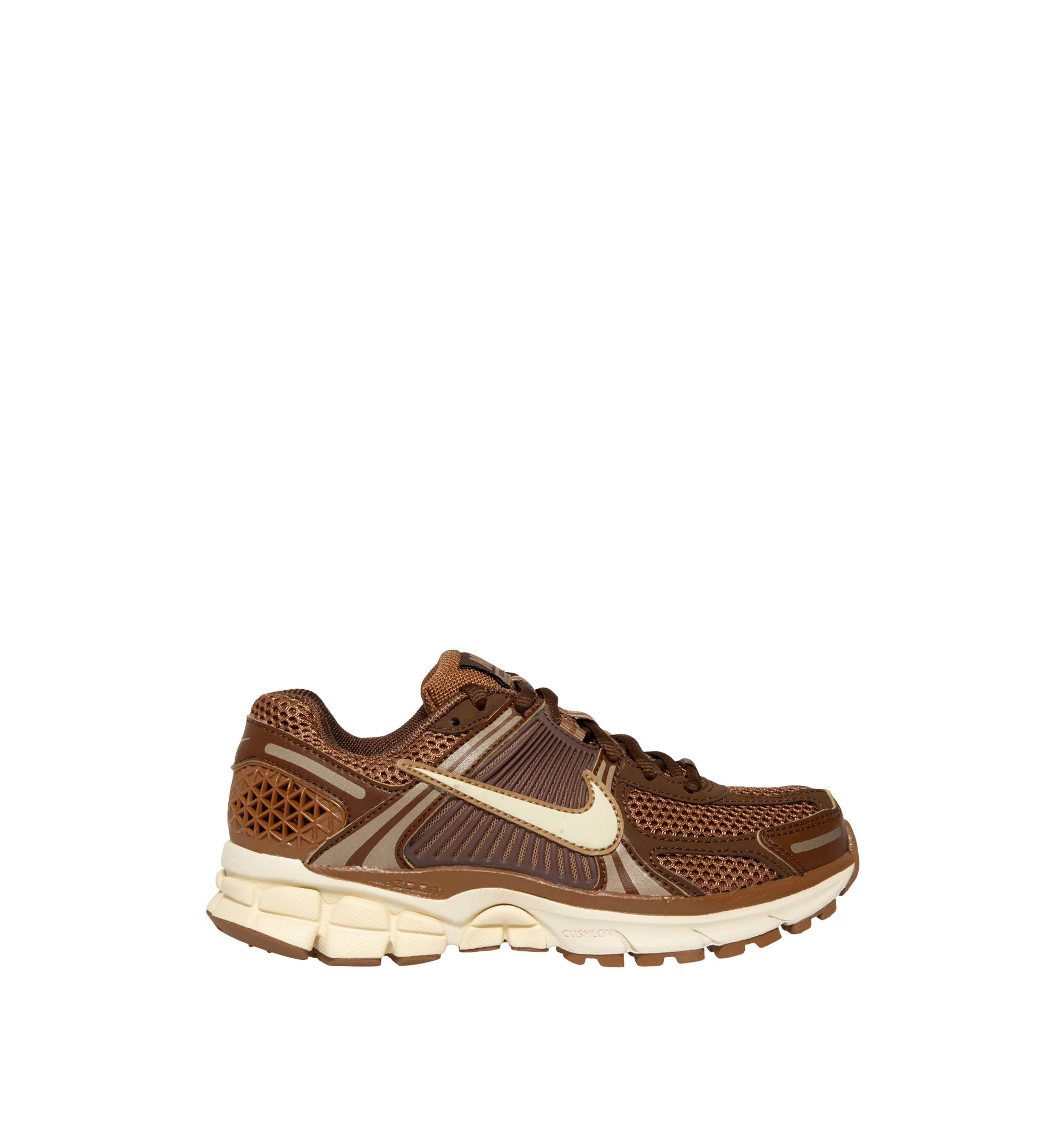 Image 1 of 5 - BROWN - Nike Womens Zoom Vomero 5 Sneakers feature a layered design with textile, synthetic leather, and plastic accents. Finished with Zoom Air cushioning, supportive side caging, reflective details, and a durable rubber outsole. Main Material: Textile, Synthetic Leather, Plastic; Outsole: Rubber. Imported
