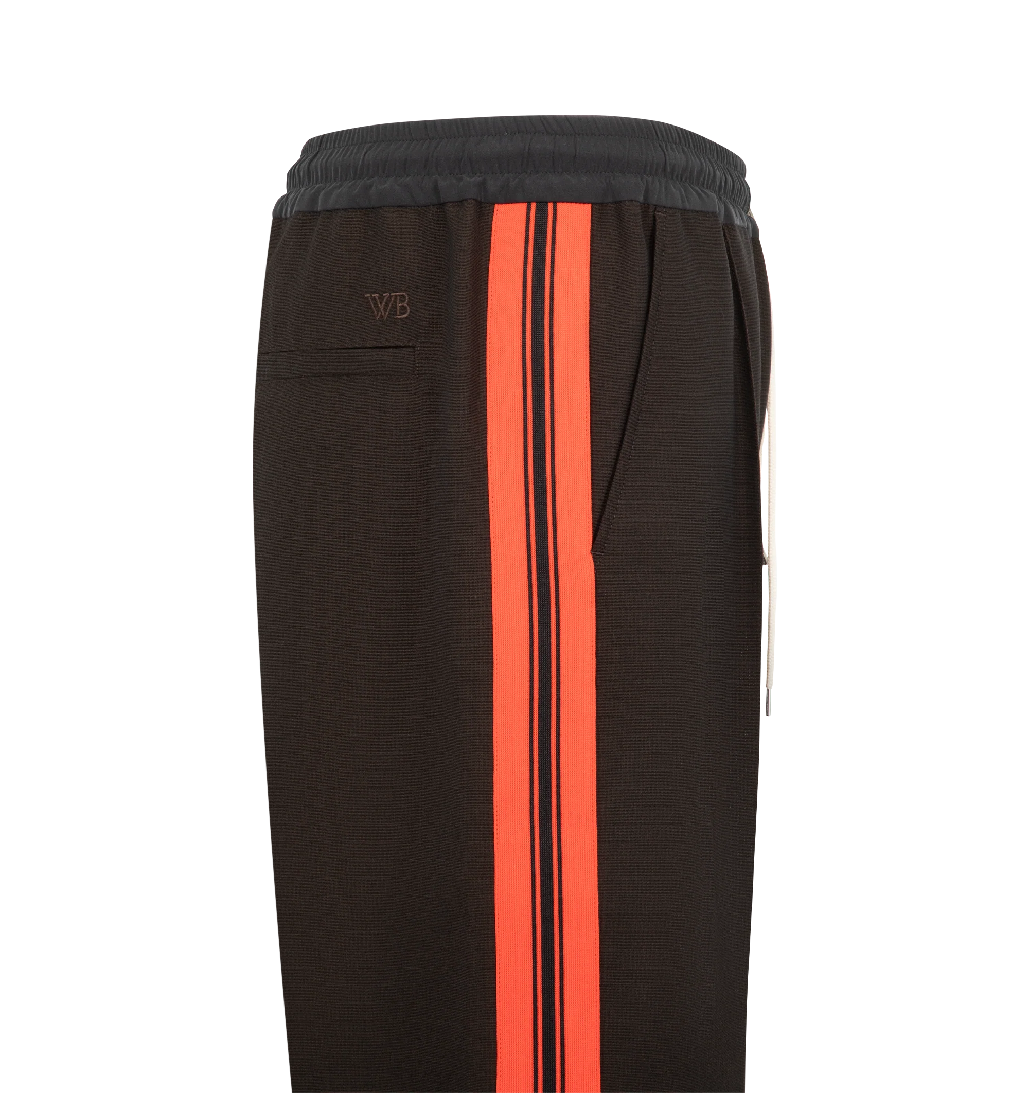Image 3 of 3 - BROWN - Wales Bonner Men's Energy Trouser is crafted from crespo wool and silk and features a refined tailored silhouette with a concealed drawstring elasticized waistband for elevated comfort. Detailed with front pleats, slip pockets, contrast ribbing along the side legs, and an embroidered WB logo at the back, these trousers balance classic tailoring with the brand's distinctive sportswear influences. Main Material: 100% Virgin Wool. Trim 1: 100% Silk. Trim 2: 100% Polyester. Pocket Lining: