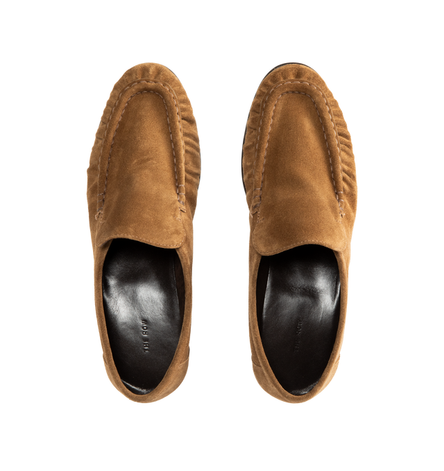 Image 4 of 4 - BROWN - THE ROW Soft Moccasin Two featuring moccasin loafer in soft calfskin suede with oval toe, topstitched front detailing with natural pleating effect and stacked leather heel. 0.8 in. heel. 100% calfskin suede. Lined in 100% goatskin leather. Calfskin leather sole. Made in Italy.