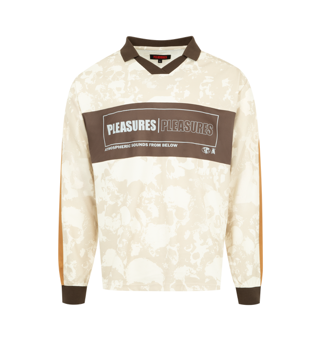 Image 1 of 3 - BROWN - PLEASURES Despair Long Sleeve Jersey featuring a polyester-spandex blend, all-over skull print, Johnny collar, ribbed trims, contrast details, screen-printed branding and regular fit. 94% polyester, 6% spandex.