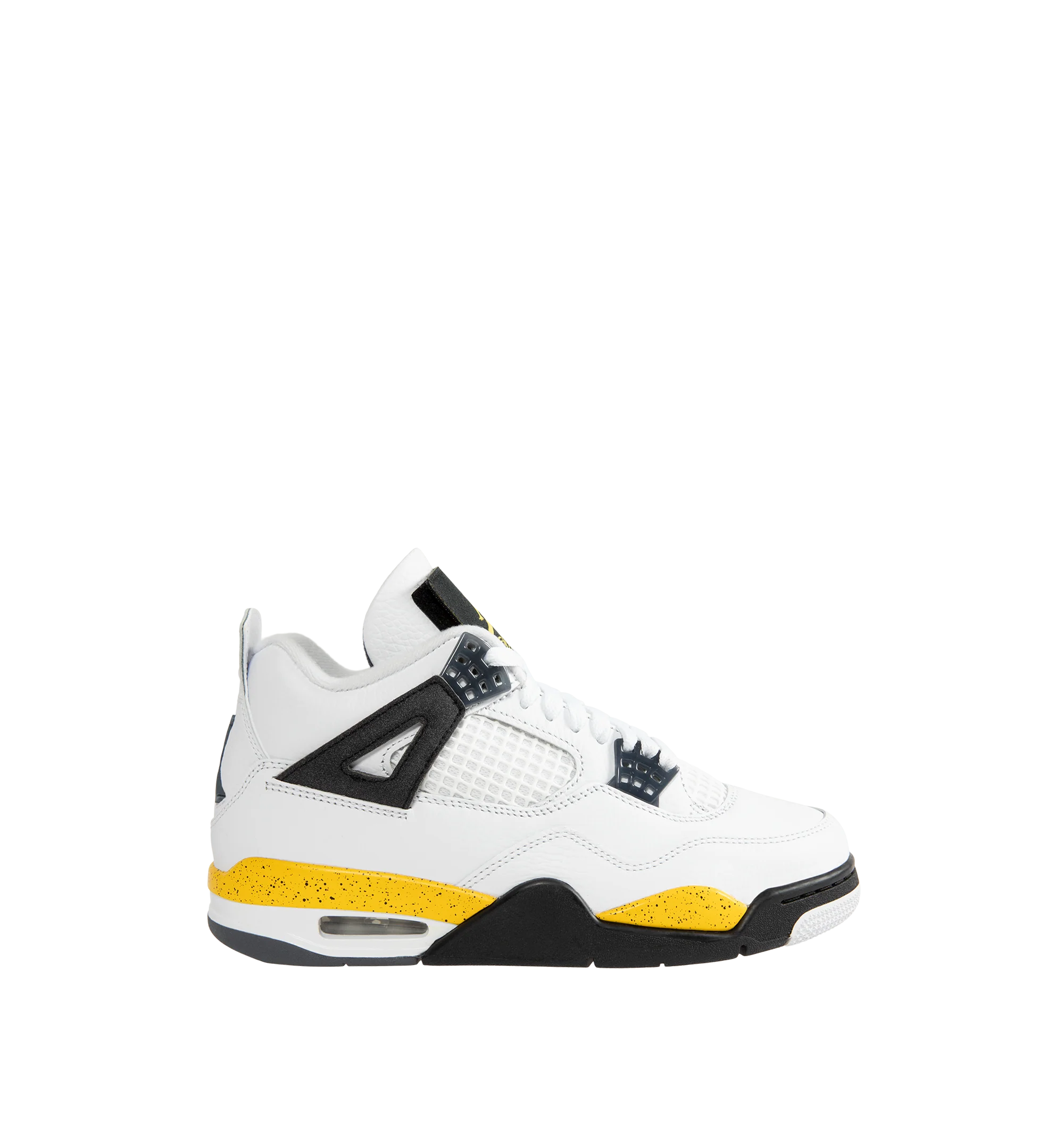 Image 1 of 5 - YELLOW - Air Jordan 4 Retro "Tour Yellow" Sneakers are crafted from premium leather and feature a white upper accented by a speckled Tour Yellow midsole, with Black and Dark Blue Grey details. Designed with the iconic AJ4 basketball silhouette, they are finished with Jumpman heel branding, a foam midsole, Nike Air and Max Air cushioning, and a durable rubber outsole. Main Material: Leather. Sole: Rubber. Cushioning: Nike Air and Max Air. Made for men.