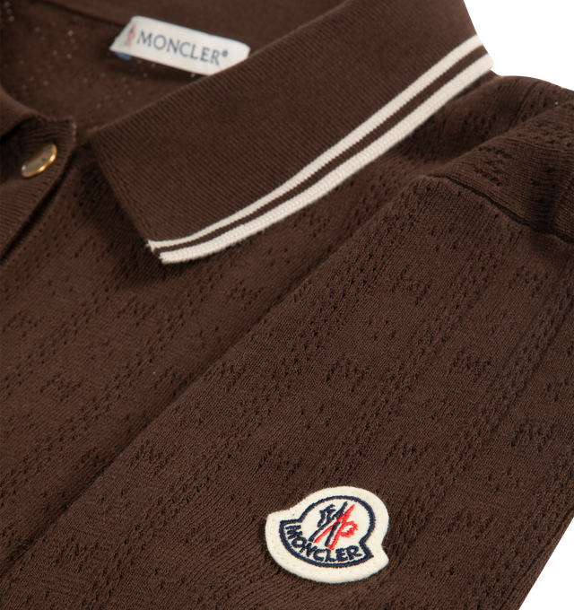 Image 2 of 2 - BROWN - MONCLER Cotton Polo Sweater featuring buttoned placket, striped detailing, polo collar and short sleeves. 100% cotton.