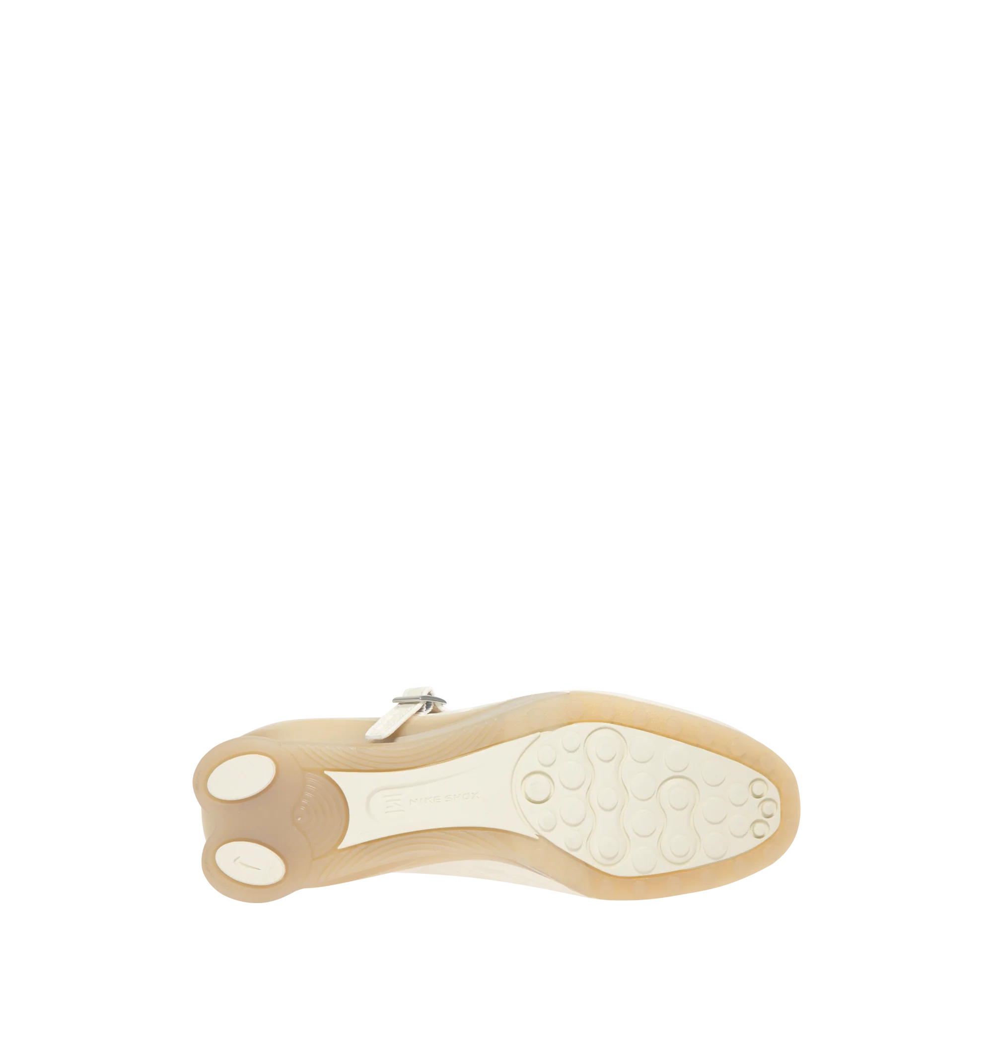 Image 4 of 5 - NEUTRAL - Nike Womens Shox Z Calistra Sneakers feature a molded synthetic leather upper. Designed with an adjustable midfoot strap, Nike Shox Z cushioning pillars, signature Nike and Shox branding, and durable rubber outsole. Upper: Synthetic Leather; Cushioning: Nike Shox Z; Outsole: Rubber. Imported 