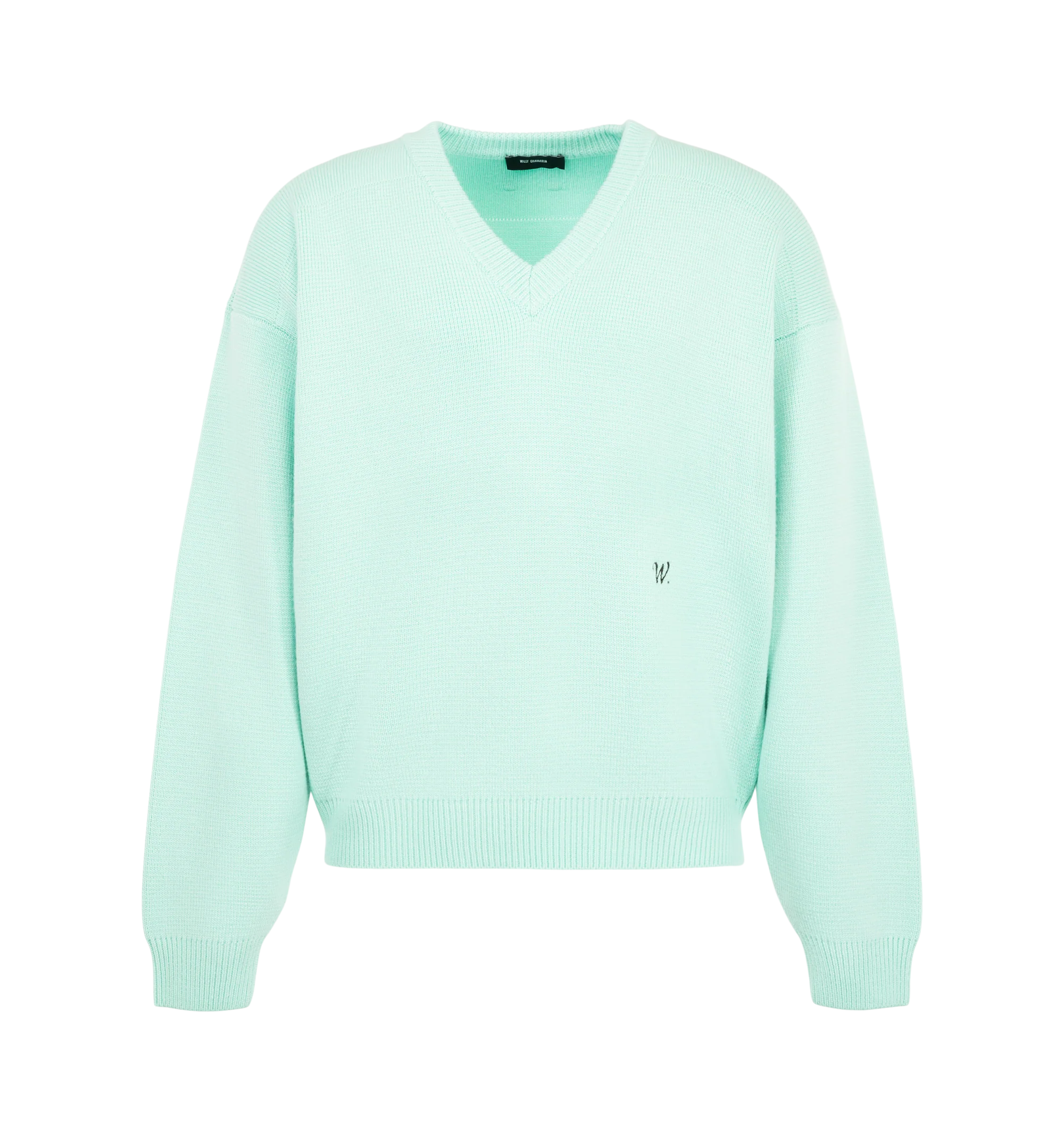 Image 1 of 2 - GREEN - Willy Chavarria V-Neck Sweater is crafted from premium wool and features a relaxed silhouette with dropped shoulders and a classic V-neckline. Designed with ribbed trims and subtle logo embroidery on the front side. Main Material: 100% Wool. Made in Italy.