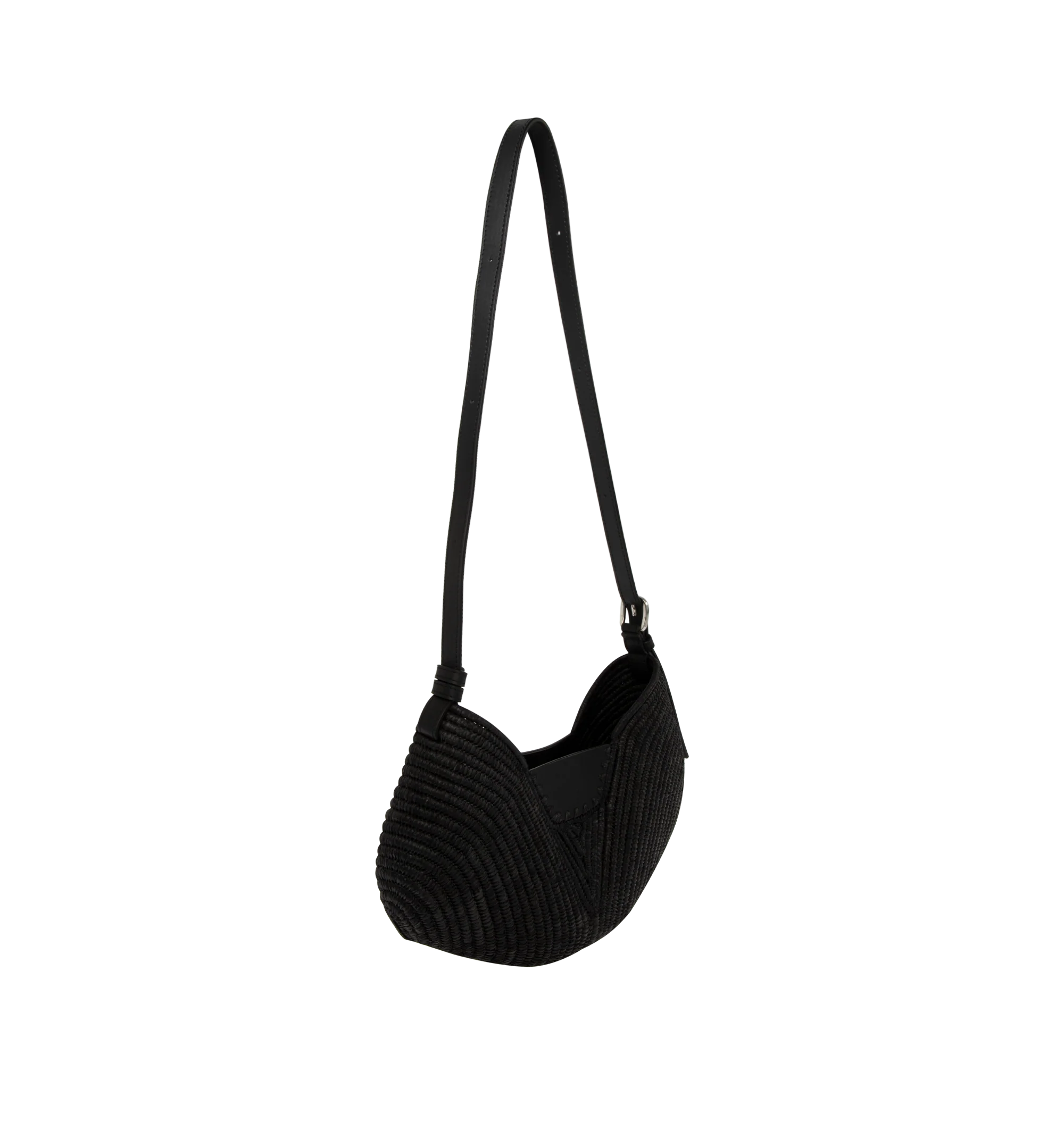 Image 2 of 3 - BLACK - Loewe Womens Swing Bag is crafted from raffia with calfskin trim. Features a fortune cookie silhouette, adjustable shoulder and crossbody strap, magnetic closure, handcrafted Canutillo detailing, signature buckle, unlined interior, and embossed LOEWE logo. Dimensions: 35 22 11 cm; Strap Length: 1797 cm; Strap Drop: 653 cm. Main Material: Raffia, Calfskin. Made in Spain.