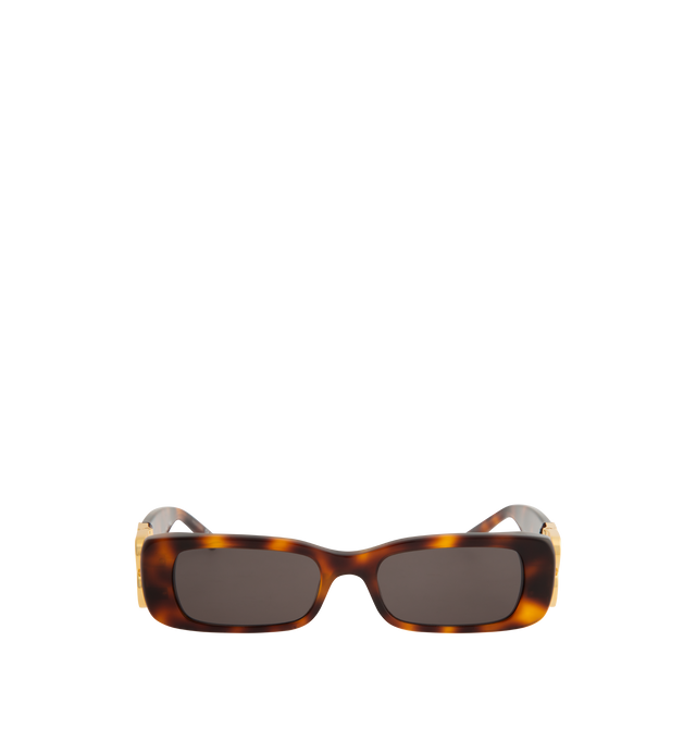 Image 1 of 3 - BROWN - BALENCIAGA Dynasty Rectangle Sunglasses featuring full acetate frame and temples, rectangle shape, standard fit, hidden hinges within the shiny gold BB logo and lasered logo on the right lens. Lens category: 3. 100% UVA/UVB protection. Made in Italy.