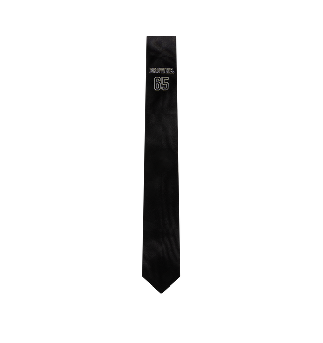 Image 2 of 2 - BLACK - THOM BROWNE Silk Browne 65 Tie featuring RWB grosgrain trim and name tag appliqu. 100% silk. Made in Italy. 