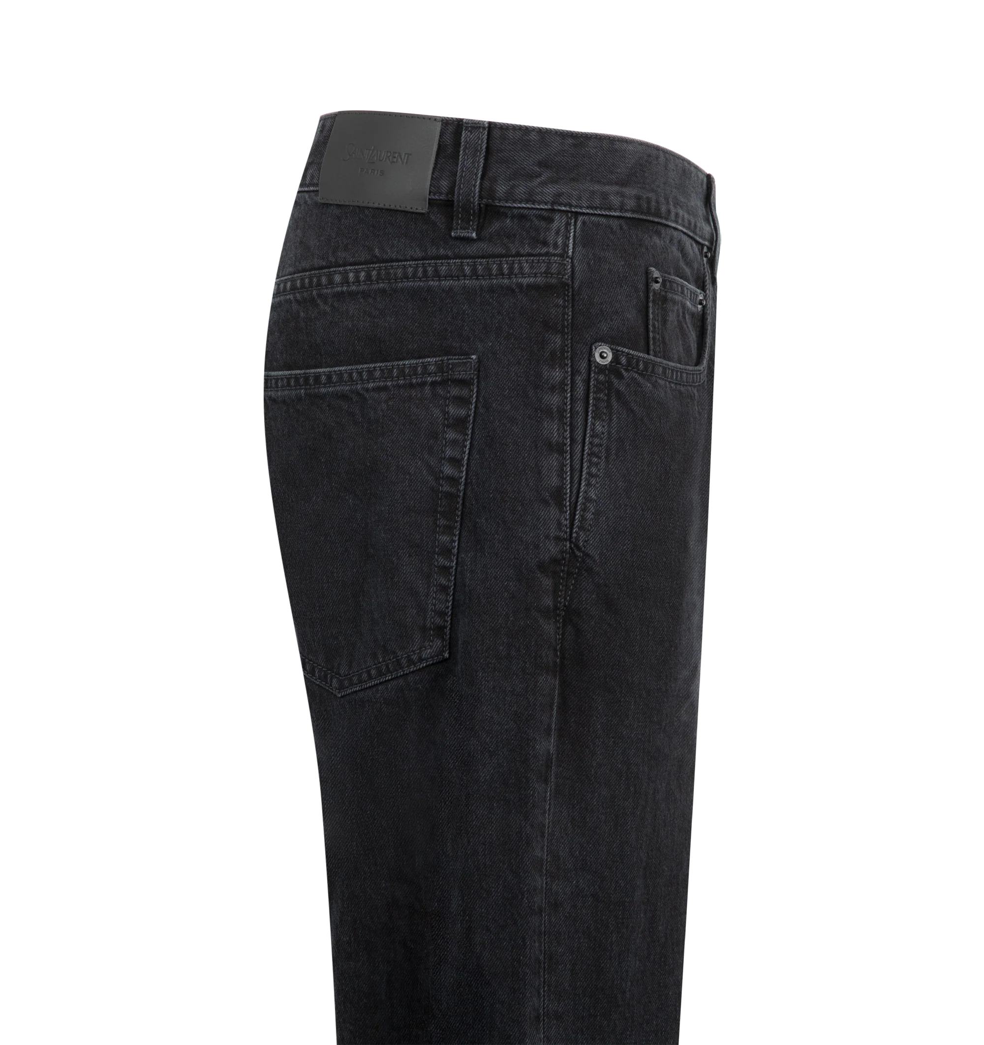 Image 3 of 3 - BLACK - Saint Laurent Men's Relax Tapered Jeans are crafted from pure cotton denim with a washed black finish that creates a naturally worn-in appearance and added depth of color. Designed with a relaxed fit that tapers toward the hem, these designer jeans feature classic five-pocket construction, belt loops, a front button closure, and a Saint Laurent Paris embossed leather logo patch at the back waistband. Main Material: 100% Cotton. Fit: Relaxed Tapered. Closure: Button Front. Pockets: Fiv 