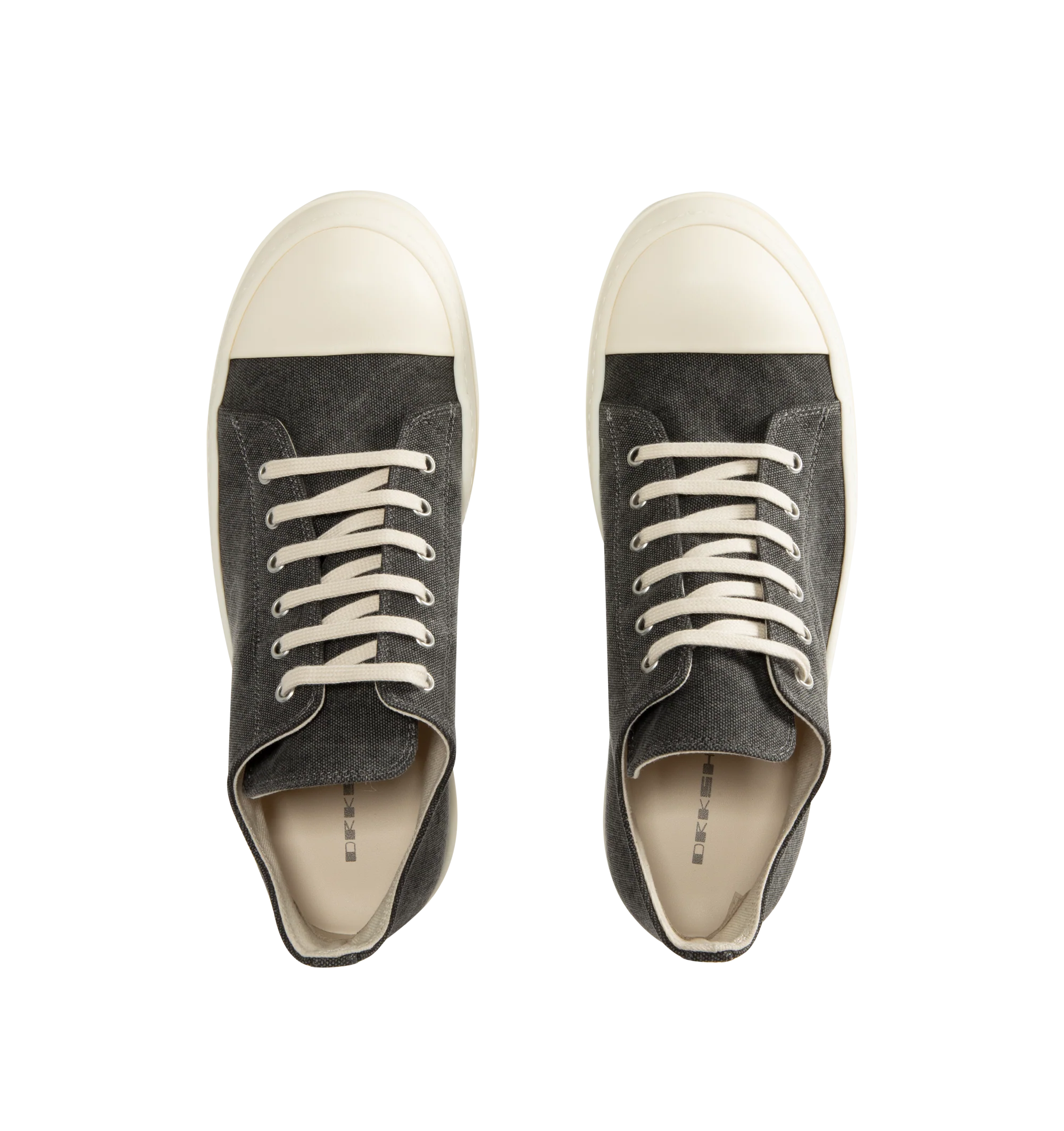 Image 5 of 5 - GREY - Rick Owens Men's DRKSHDW Low Top Sneaks Sneakers featuring canvas trainers with a rounded toe, tonal laces, contrast chunky sole, and contrast toe cap. Main Materials: Canvas textile. Rubber sole. Made in Italy.