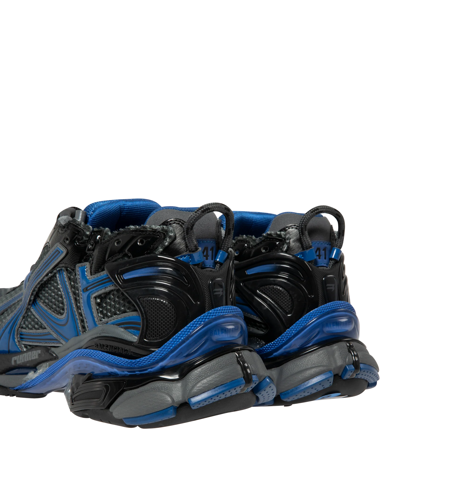 Image 3 of 5 - BLUE - Balenciaga Men's Runner Sneakers are crafted from a leather-free blend of polyurethane and polyester. Feature a worn-in finish, printed size at the toe, debossed size at the heel, printed Runner logo, embroidered logo at the tongue, logo at the back heel, pull tab, and a rubber, TPU, EVA, and polyurethane sole. Main Material: Upper: Polyurethane, Polyester; Sole: Rubber, TPU, EVA, Polyurethane; Insole: Foam. Made in China.