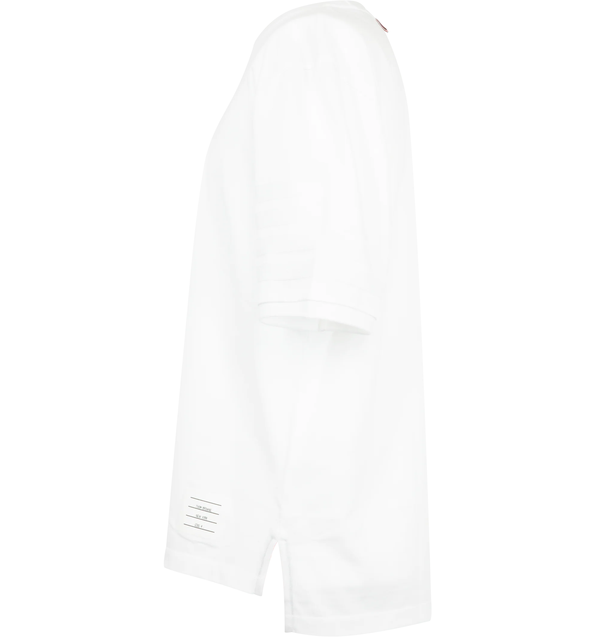 Image 3 of 3 - WHITE - Thom Browne Mens Jersey Ottoman 4-Bar T-Shirt is crafted from cotton jersey and features a rib-knit crew neckline, tonal ottoman-stitch 4-bar detailing at the sleeve, rib-knit cuffs, side vents with signature RWB grosgrain trim, a stepped hem, name tag appliqu, and the signature striped grosgrain loop tab. This designer cotton T-shirt combines a classic crewneck silhouette with iconic Thom Browne detailing for elevated everyday wear. Main Material: 100% Cotton; Combo 1: 87% Cotton, 12