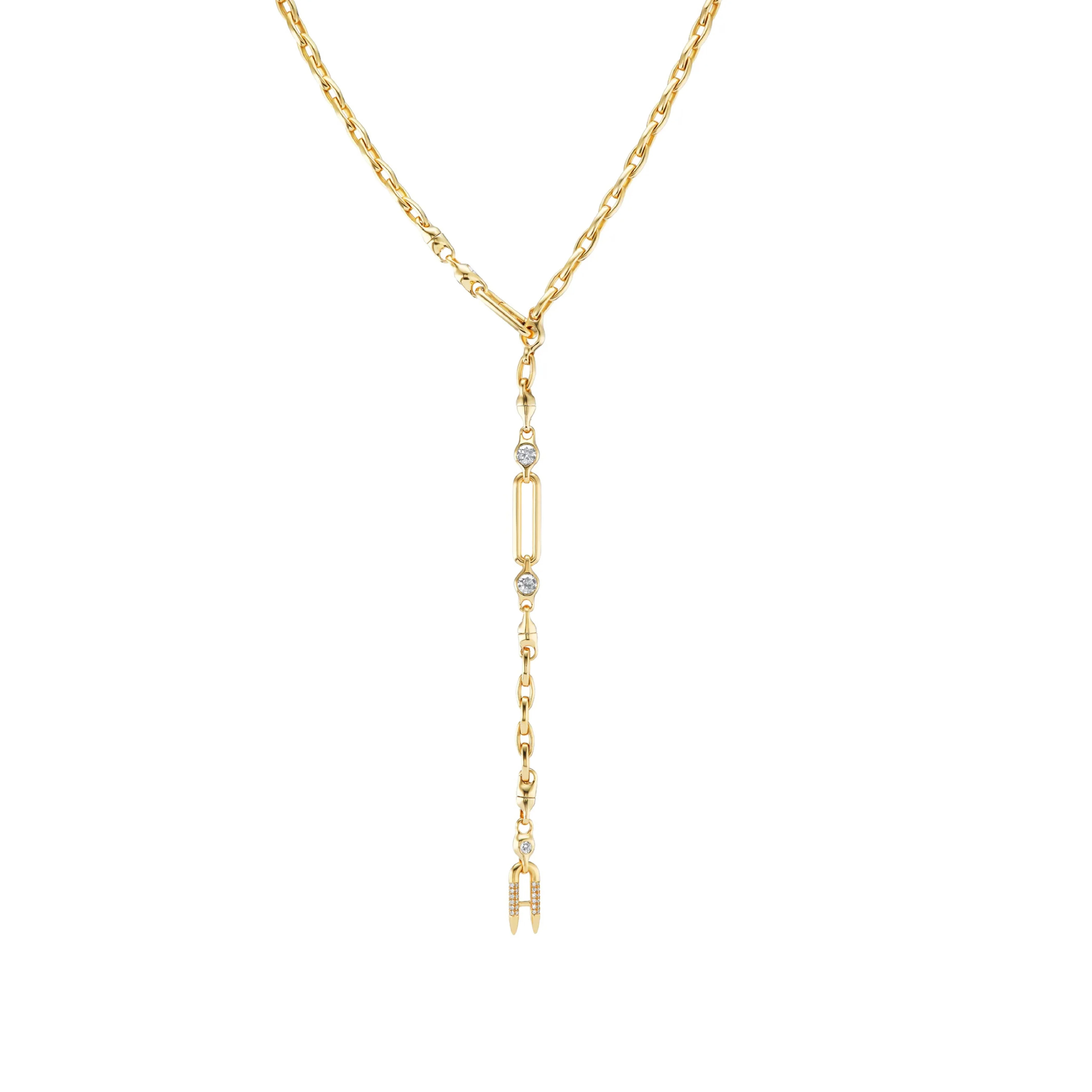 Image 2 of 3 - GOLD - Uniform Object Hinge Necklace featuring 80 g of solid 18K yellow gold with 1.00 TCW 5 mm round diamonds, 0.78 TCW round diamonds, and a 0.23 TCW round diamond-encrusted spur (2.25 TCW). Length: 36". Handcrafted in New York City. Cheap Luxury Handbag Shop offers a range of pieces from this collection in-store. For personal consultation and detailed information about jewelry, please contact our dedicated stylist team at personalshopping@hirshleifers.com.