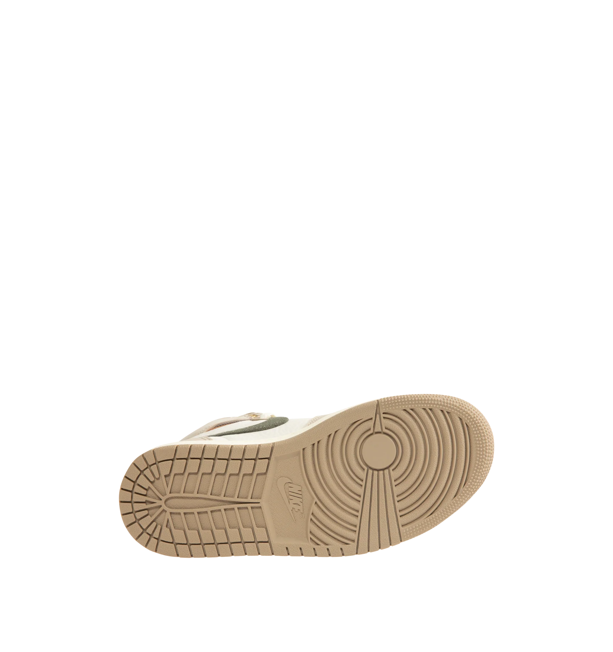 Image 4 of 5 - NEUTRAL - Women's Air Jordan 1 Retro High OG Sneakers feature a premium leather upper with suede overlays, a high-top silhouette, and signature Air Jordan Wings branding for a timeless heritage look. These lifestyle sneakers combine encapsulated Air-Sole cushioning, a perforated toe box, and a durable rubber outsole for lightweight comfort, breathable support, and reliable traction on and off the court. Main Material: Genuine Leather and Suede. Midsole: Encapsulated Air-Sole Unit. Sole: Rubbe