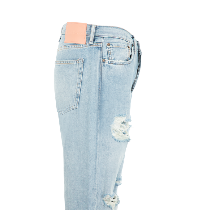 Image 3 of 3 - BLUE - Acne Studios Mens 1996 Jeans are crafted from non-stretch cotton denim. Feature a regular fit, mid-rise waist, straight leg, light blue vintage wash, distressed detailing, button fly, and leather logo patch at the back. Main Material: 100% Cotton; Made with organically grown cotton. Made in Portugal.