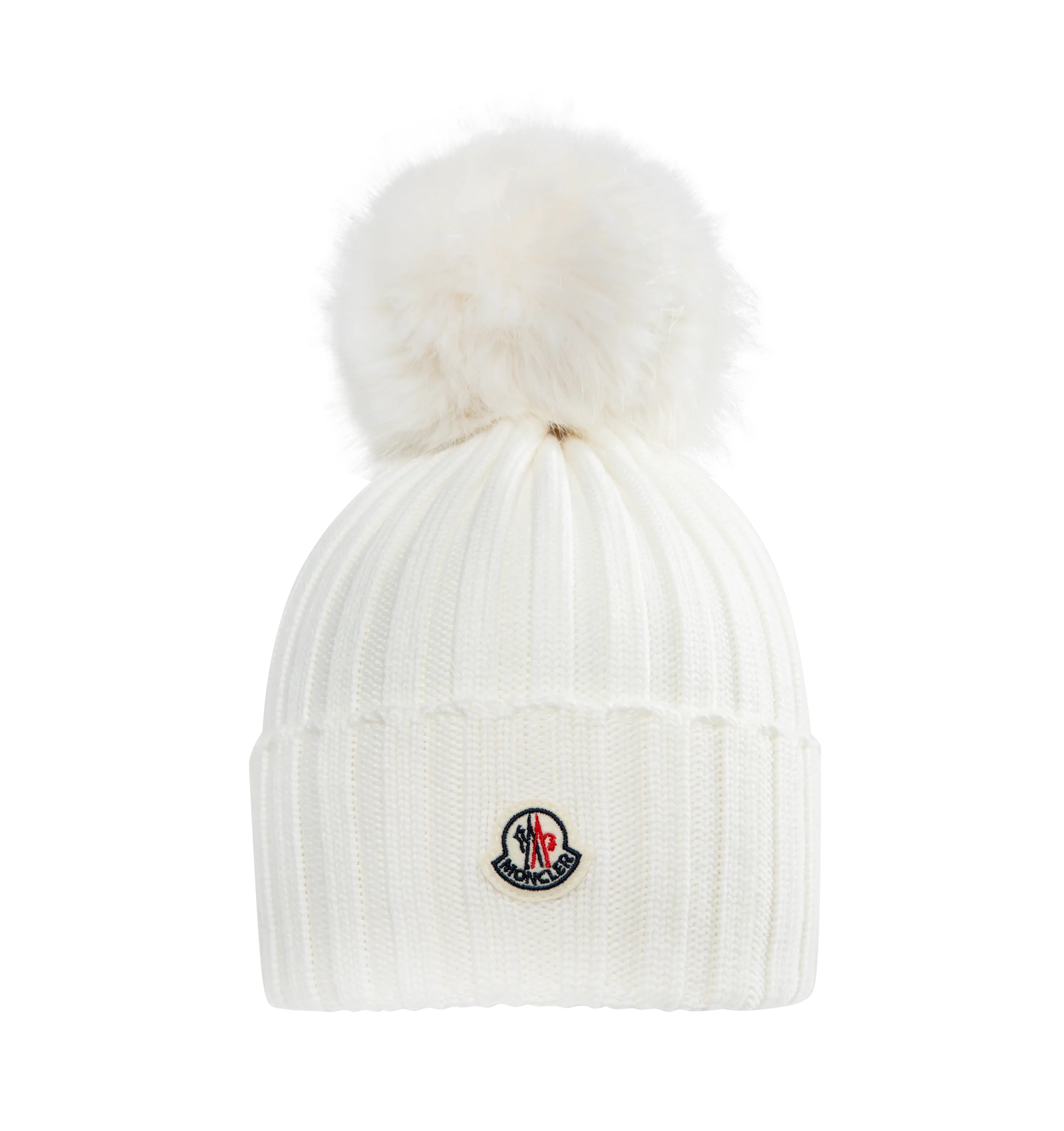 Image 1 of 1 - WHITE - MONCLER Wool Beanie with Pom Pom features an English rib-knitting and logo at front and embellished with a faux fur pom pom. Designed to provide warmth, this heavy knit beanie for women adds the finishing touch to cold-weather looks. 100% virgin wool .