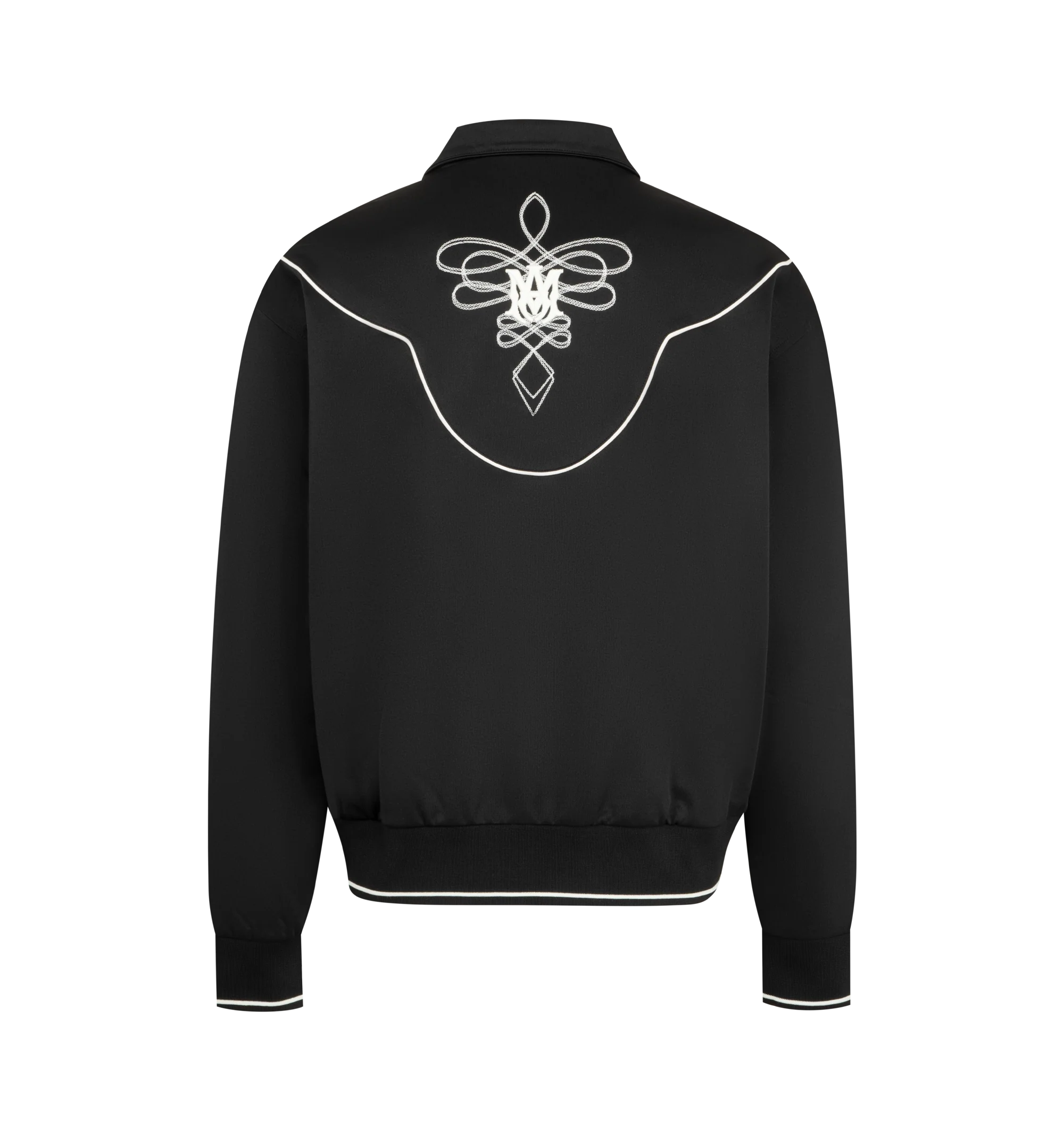 Image 2 of 3 - BLACK - Amiri Men's Western Track Jacket is crafted from polyester and features a sporty track-inspired silhouette elevated with intricate Western-style embroidery across the front and back. Main Material: Polyester. Details: Western-Style Embroidery at Front and Back.