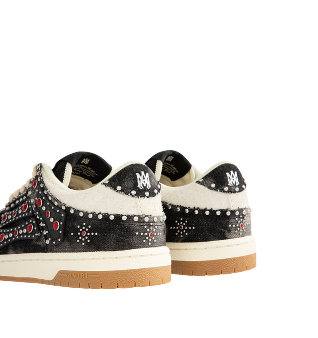 Image 3 of 5 - BLACK - AMIRI Stud Skel Top Low Sneaker featuring bone appliques, stud detailing, two-tone rubber sole with an upper paneled with washed denim and textured suede. 95% cotton, 5% polyester. Sole: rubber.