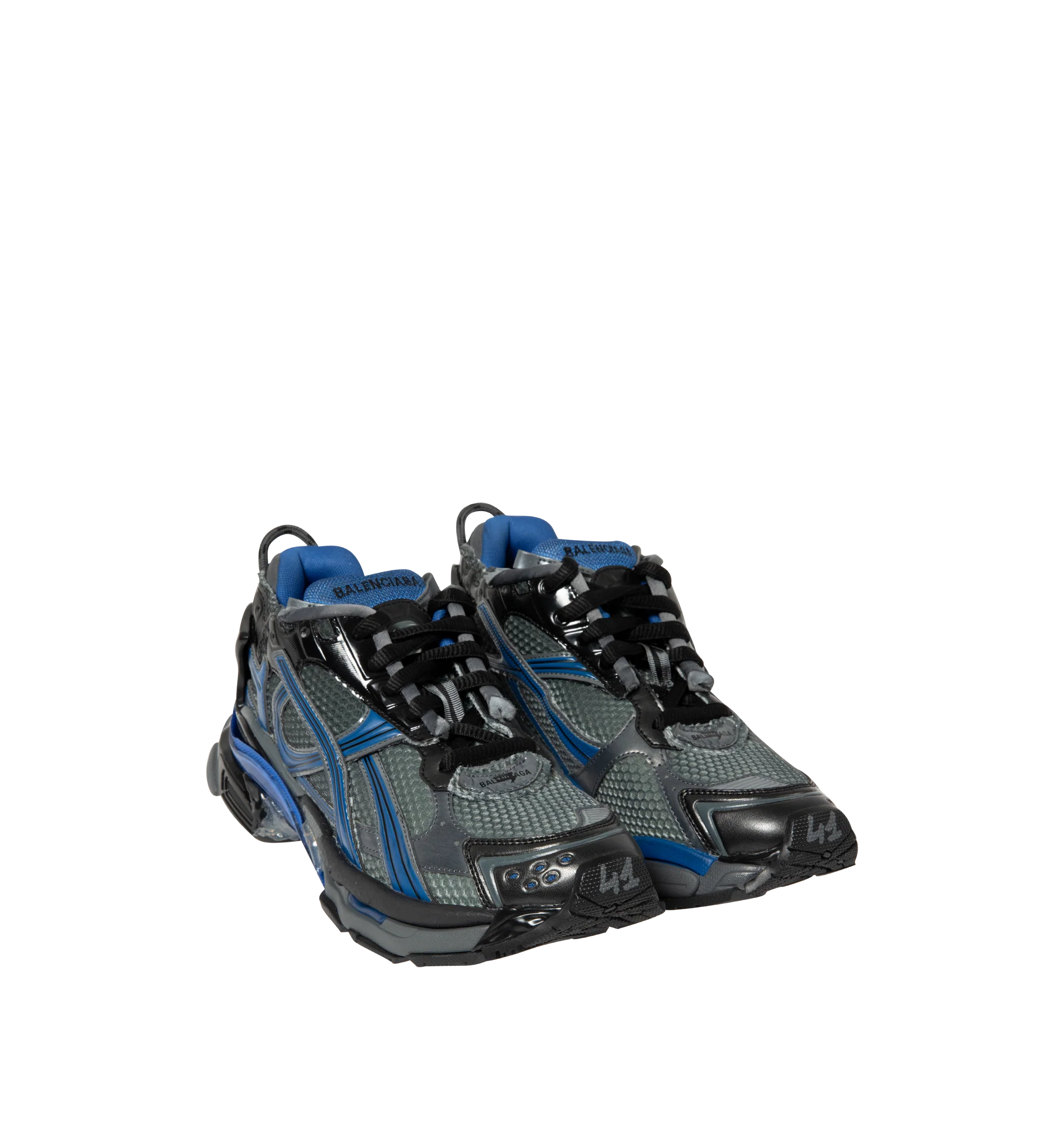 Image 2 of 5 - BLUE - Balenciaga Men's Runner Sneakers are crafted from a leather-free blend of polyurethane and polyester. Feature a worn-in finish, printed size at the toe, debossed size at the heel, printed Runner logo, embroidered logo at the tongue, logo at the back heel, pull tab, and a rubber, TPU, EVA, and polyurethane sole. Main Material: Upper: Polyurethane, Polyester; Sole: Rubber, TPU, EVA, Polyurethane; Insole: Foam. Made in China.