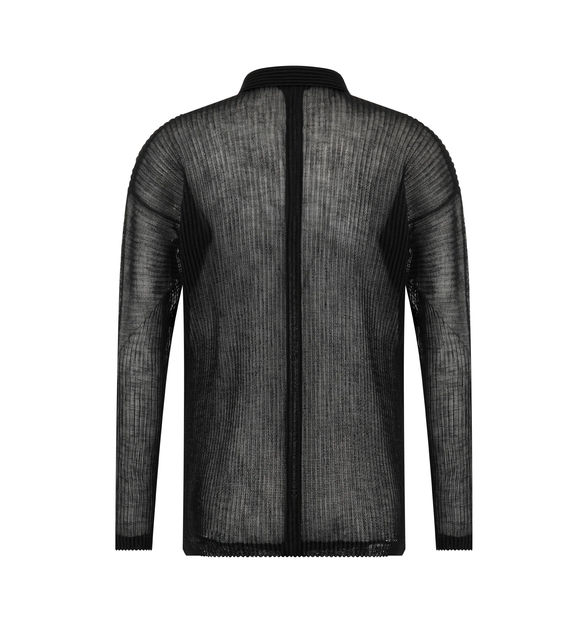 Image 2 of 2 - BLACK - Issey Miyake Mens Open-Collar Shirt is crafted from lightweight mesh fabric with a structured feel. Features an open collar, button-front closure, pleated construction, and a relaxed silhouette designed for layering. Main Material: 100% Polyester. Made in the Philippines. 