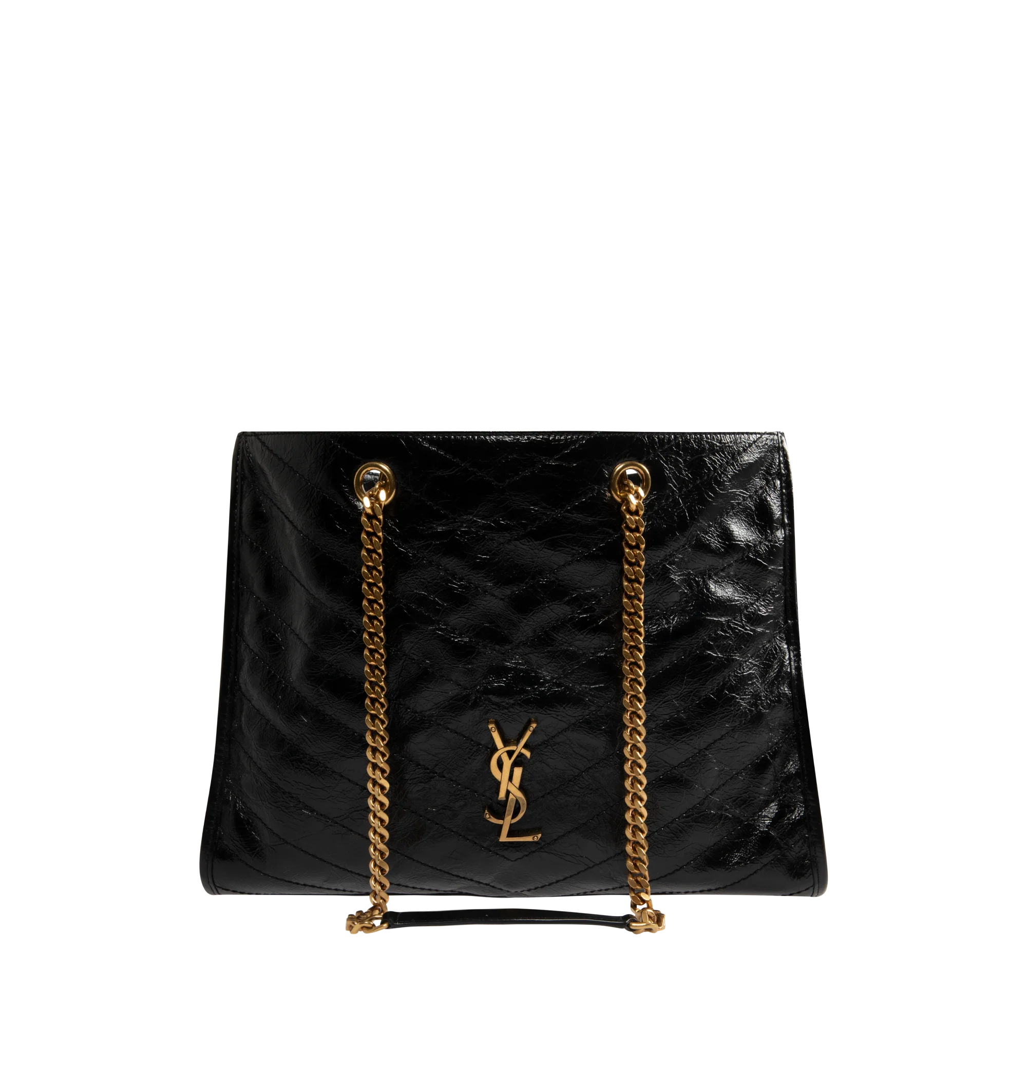 Image 1 of 3 - BLACK - SAINT LAURENT Niki Shopping Bag in vintage leather featuring vintage calfskin, chevron topstitching, cotton lining, bronze-tone hardware, magnetic snap-button closure and one zip pocket. 13" x 10.6" x 5.5". Strap drop: 10.6". Calfskin. Made in Italy.