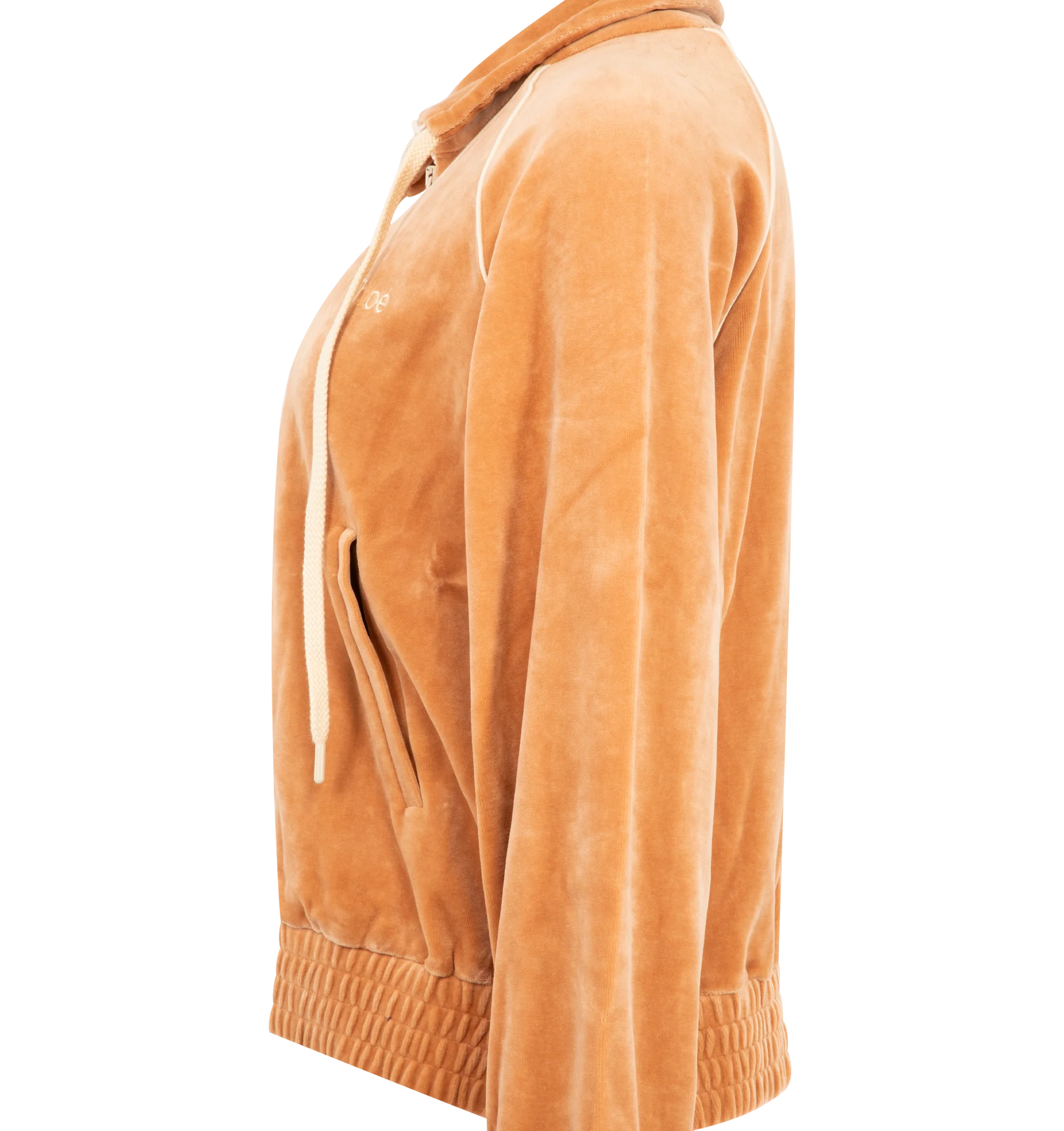 Image 3 of 3 - ORANGE - Chlo Womens Tracksuit Jacket is crafted from velvet jersey. Features a casual fit, high neckline with adjustable drawstring, front zip closure, long sleeves, elasticized cuffs and hem, side pockets, contrast piping, and embroidered logo at the chest. Main Material: 80% Cotton, 20% Polyamide. Made in Portugal. 