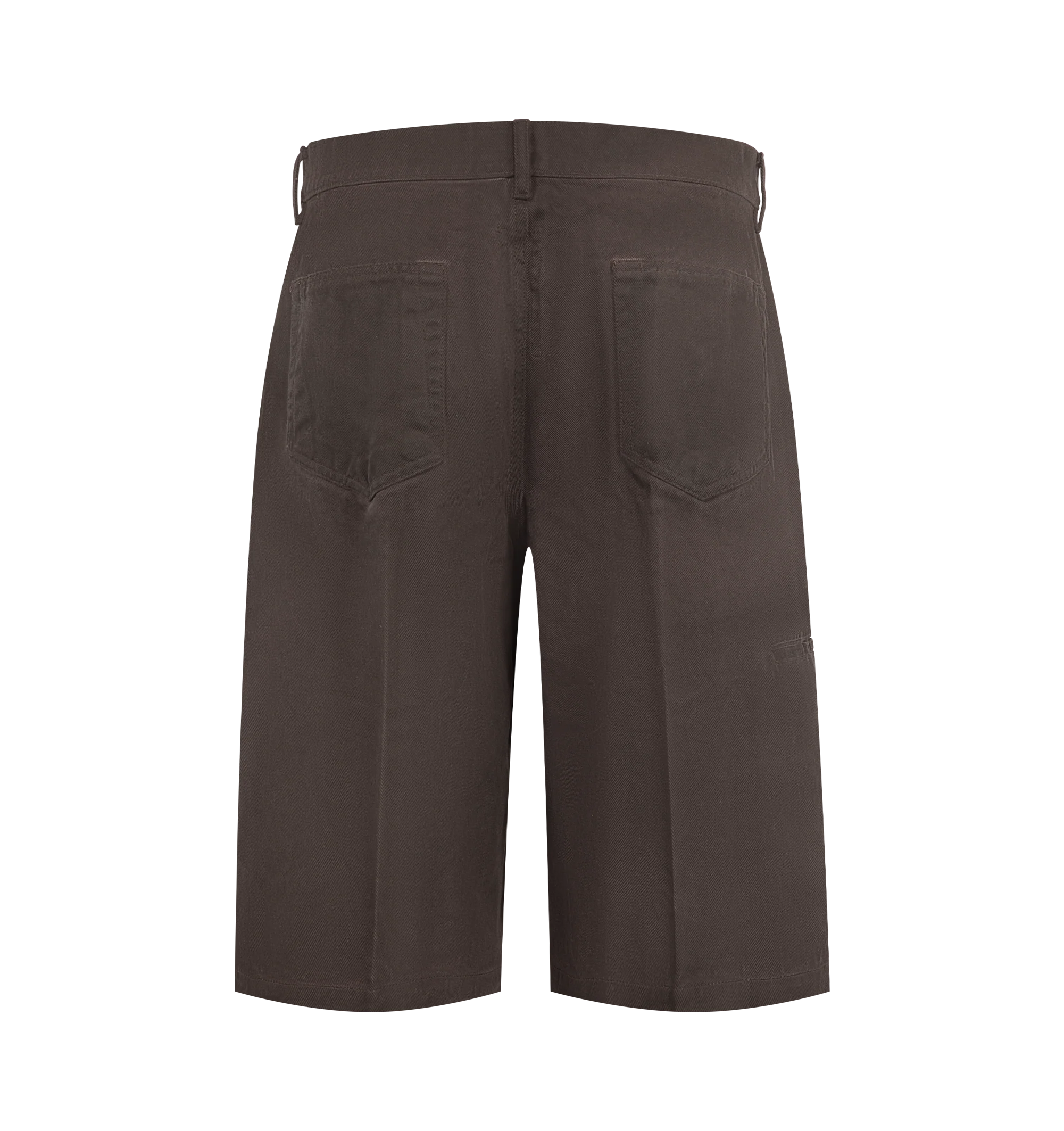 Image 2 of 3 - BROWN - Rick Owens Men's DRKSHDW Wool Work Shorts. These distinctive shorts feature a wide-leg, relaxed silhouette that falls around or below the knee, designed with a clean front button closure, integrated belt loops, and structured front creases. Materials: Inner Layer: 100% Cupro. Outer Layer: 100% Wool. 