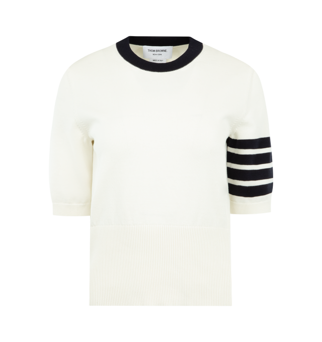 Image 1 of 2 - WHITE - THOM BROWNE Jersey Hector Intarsia 4 Bar Tee featuring ribbed neckline, cuffs, and hem, Hector intarsia on back, contrast collar, 4-bar detailing and signature striped grosgrain loop tab. 100% cotton. Made in Italy.