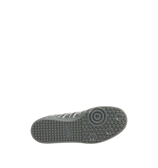 Image 4 of 5 - GREY - Adidas Men's Samba OG Snake-Effect Sneakers are crafted from calf leather. Features a snake-effect finish, round toe, lace-up closure, signature 3-Stripes, logo-print tongue, branded heel counter, and flat rubber sole. Upper: Calf Leather; Lining: Calf Leather; Sole: Rubber. Made in Vietnam.