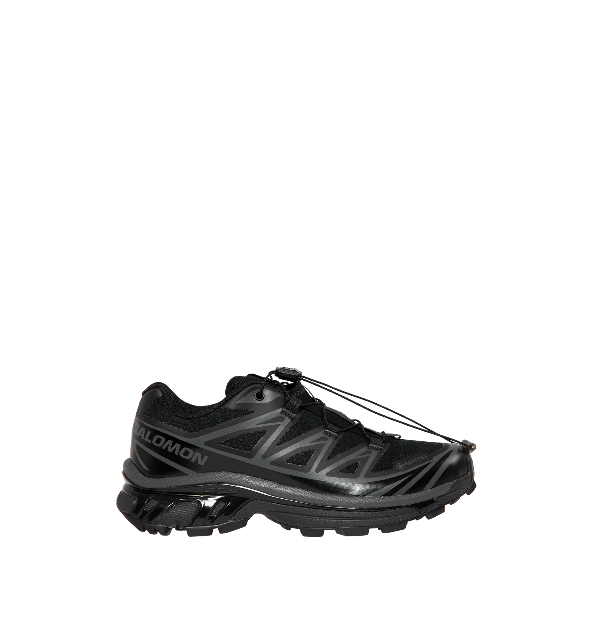 Image 1 of 5 - BLACK - Salomon Men's XT-6 GORE-TEX Sneakers are crafted with a lightweight textile upper and feature waterproof GORE-TEX protection, the brand's Agile Chassis System, and Quicklace technology for a secure, precise fit. Originally developed for ultra-distance trail running, these designer sneakers combine superior cushioning, stability, and all-terrain grip with Salomon's signature technical aesthetic, making them ideal for both outdoor performance and everyday wear. Main Material: Textile an