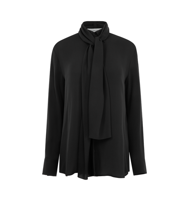 Image 1 of 2 - BLACK - BALENCIAGA Scarf Shirt featuring silk georgette, shirt collar with scarf-inspired long panels, 6 button front, long sleeves, buttoned cuffs and rounded hem. 100% silk. Made in Italy.
