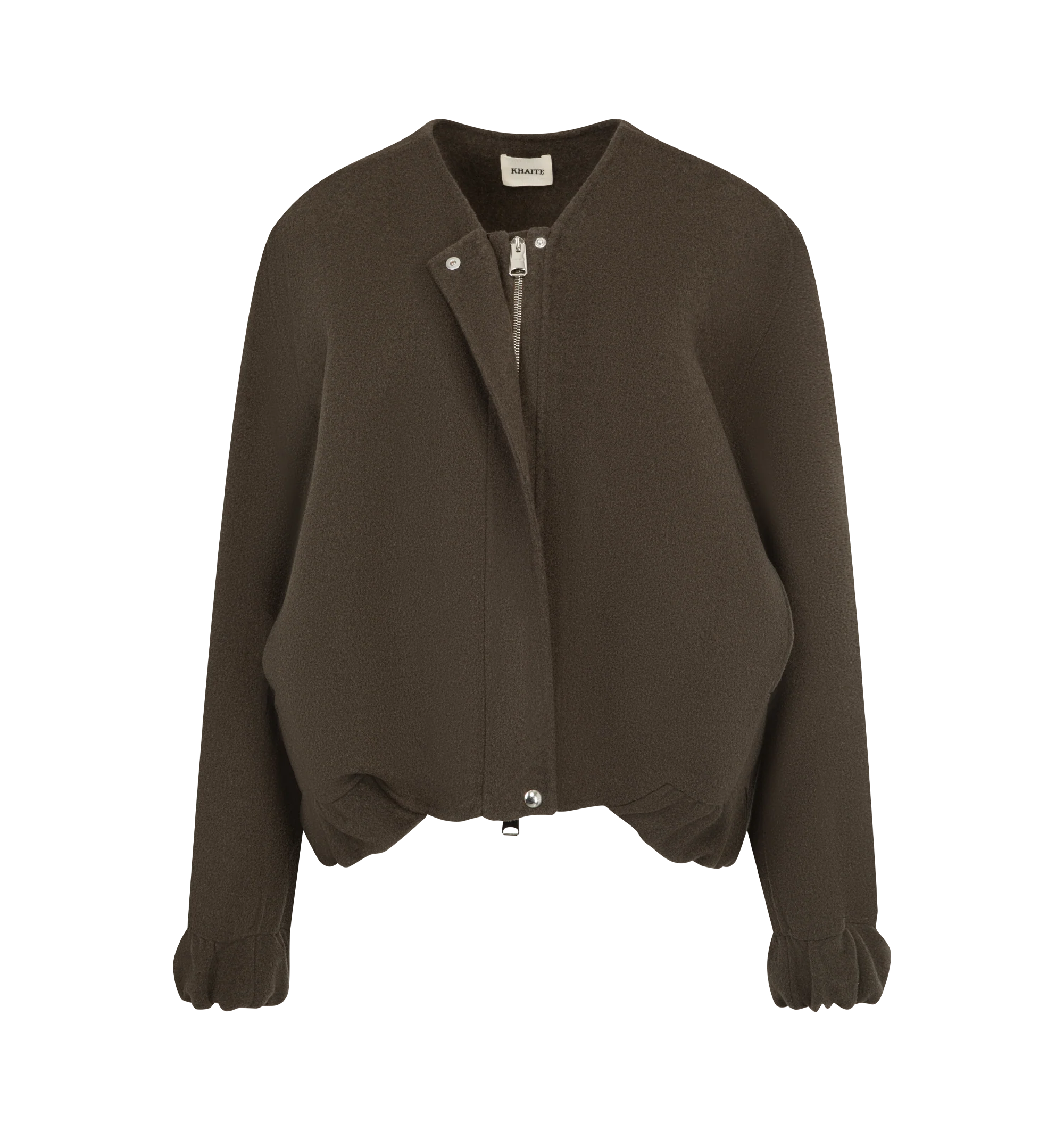 Image 2 of 4 - BROWN - Khaite Women's Cordan Jacket is crafted from double-face wool and features a cropped, relaxed bomber silhouette with signature armhole seaming, architectural topstitching, and softly rounded volume. Elasticated panels at the hem and cuffs, in-seam side pockets, and a front zip closure complete this designer wool jacket, combining exceptional craftsmanship with modern, sculptural tailoring for effortless everyday layering. Main Material: 100% Double-Face Wool.