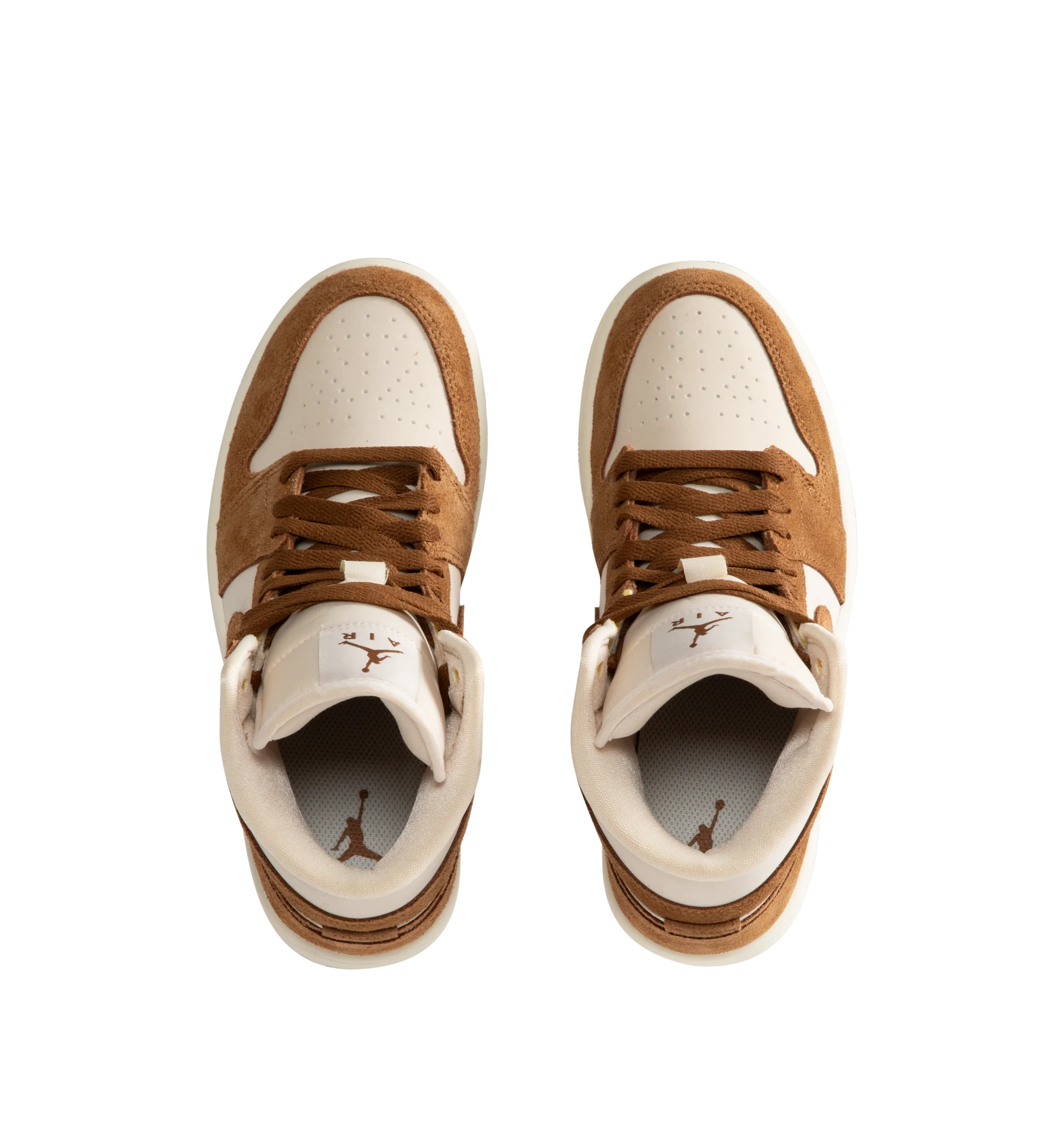 Image 5 of 5 - BROWN - Women's Air Jordan 1 Mid Sneakers feature a genuine and synthetic leather upper with a classic mid-top silhouette for durable comfort and timeless style. Inspired by the iconic original, these lifestyle sneakers combine lightweight Air-Sole cushioning, a padded collar, and a durable rubber outsole for everyday support and reliable traction. Main Material: Genuine Leather and Synthetic Leather. Midsole: Foam with Air-Sole Unit. Sole: Rubber. 