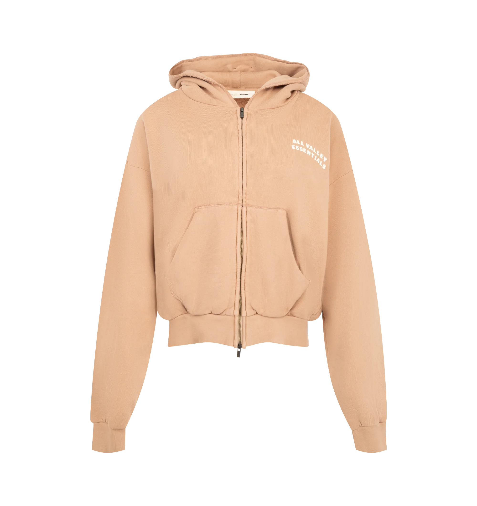 Image 1 of 2 - ORANGE - Fear of God Essentials Womens 90s Full Zip Hoodie is crafted from heavyweight 390 GSM cotton fleece with a pigment-dyed finish. Features a relaxed cropped fit, full-zip closure, dropped shoulders, rib-knit cuffs and hem, kangaroo pocket, contrasting stitching, puff-printed front graphic, back graphic, and Essentials label at the hood. Main Material: 100% Cotton.