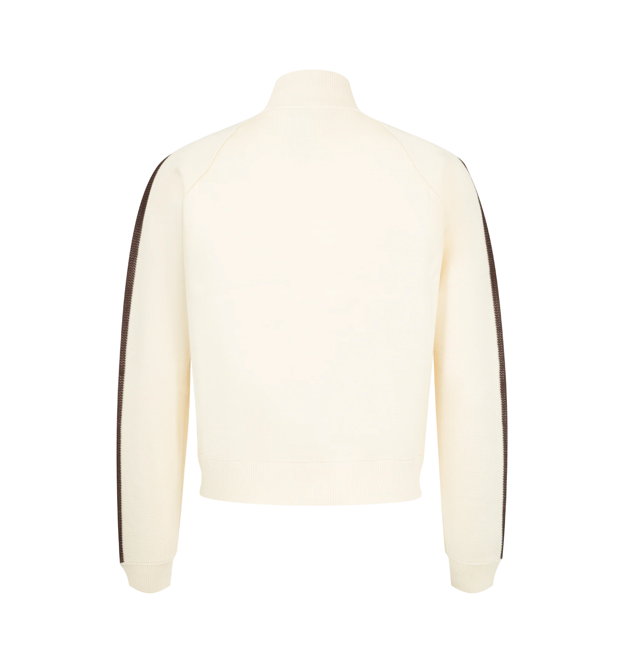 Image 2 of 3 - NEUTRAL - Wales Bonner Men's Tide Track Top is crafted from a viscose-poly knit and features the brand's signature track jacket silhouette in an ivory colorway. Detailed with crochet stripe accents along the sleeves, this refined sportswear style is finished with a double-zip front closure and a stand collar for versatile styling. 80% Viscose, 20% Polyester.