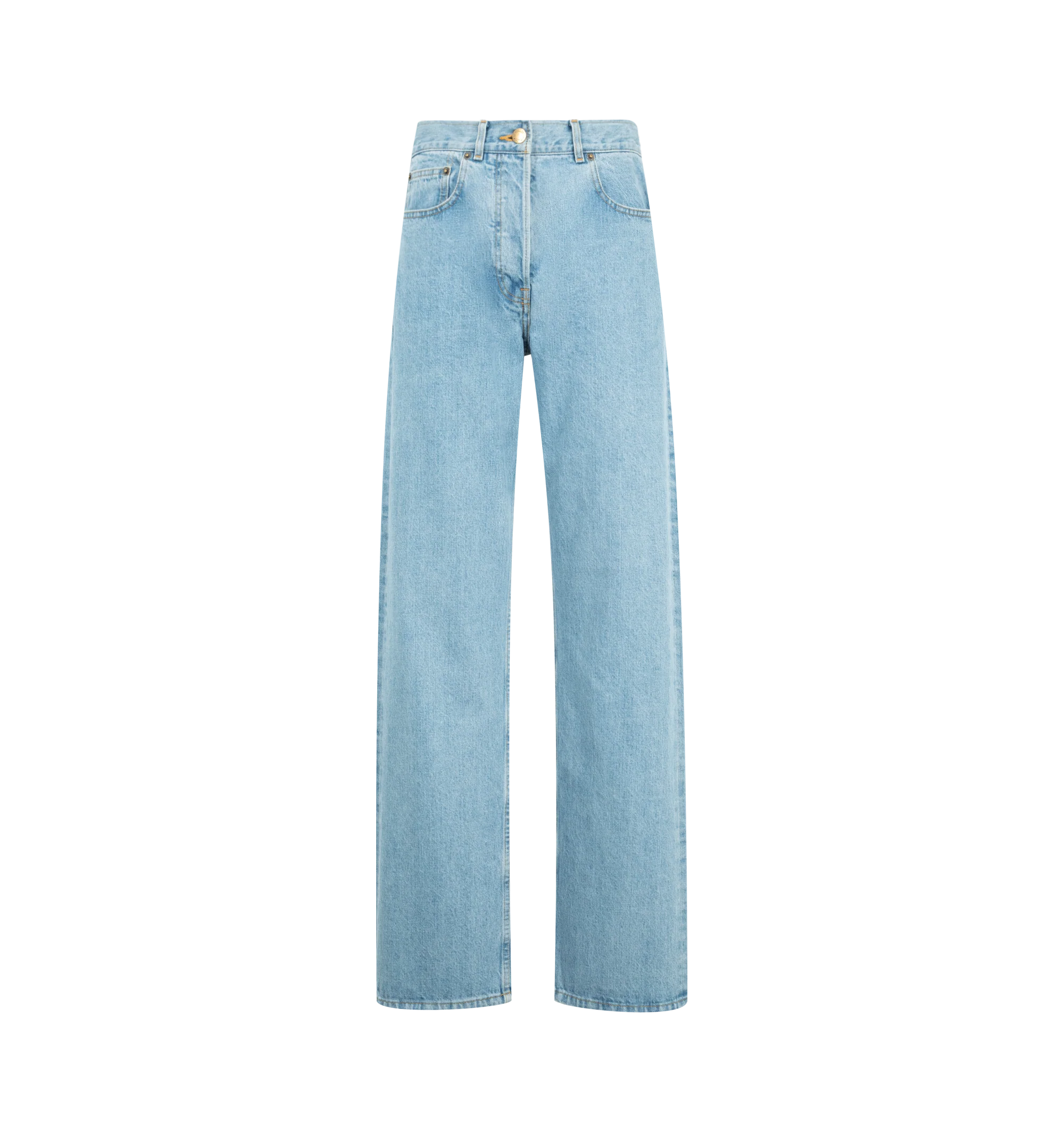 Image 1 of 3 - BLUE - Thom Browne Womens Classic 5-Pocket Jeans are crafted from Japanese selvedge denim. Feature a relaxed fit, button fly closure, five-pocket styling, reinforced back yoke with adjustable button-fastening backstrap, selvedge detail at the inner cuffs, and signature striped grosgrain loop tab. Main Material: 100% Cotton. Made in Japan.