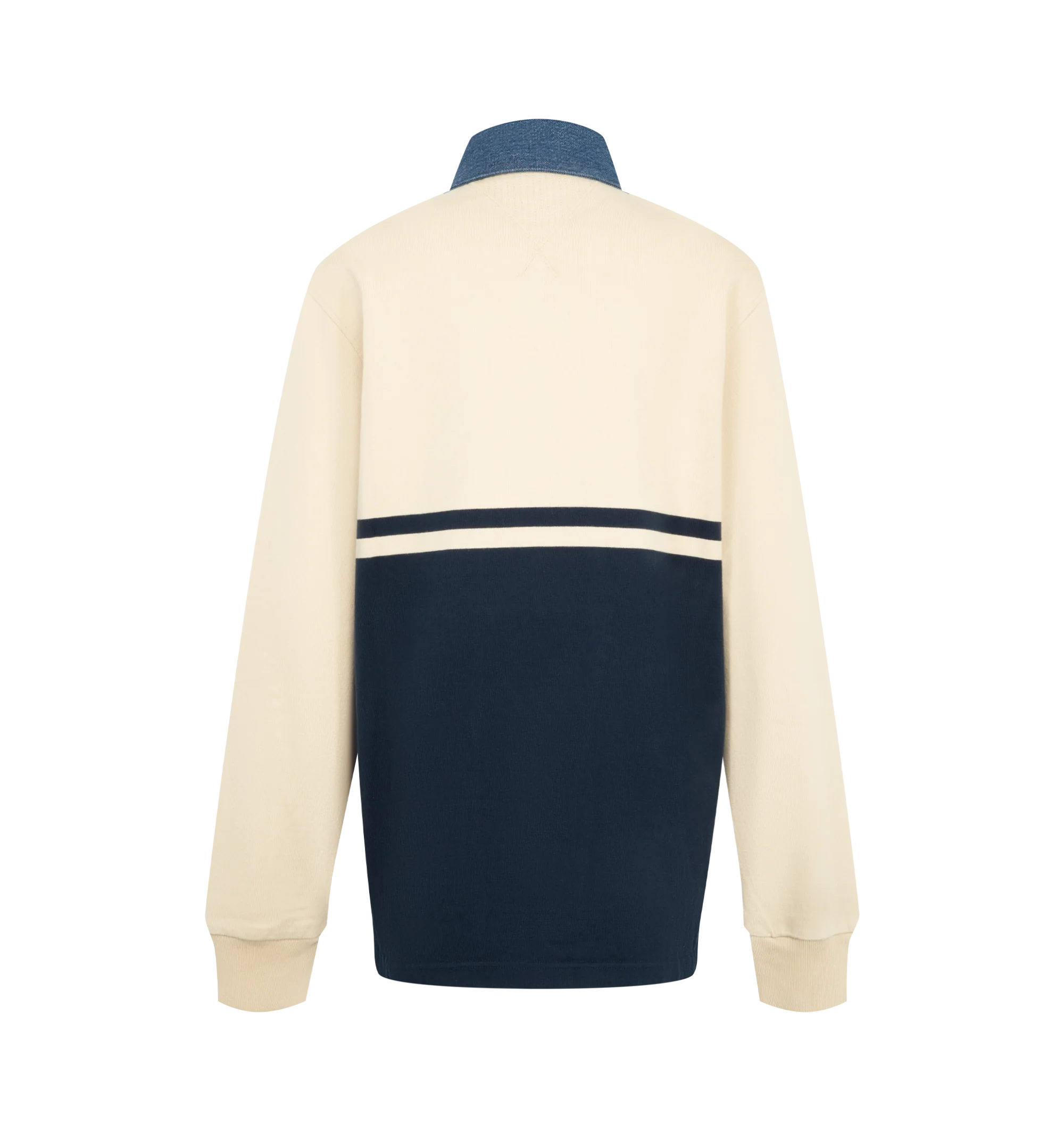 Image 2 of 2 - NAVY - JW Anderson Women's Long-Sleeved Contrast Collar Rugby Polo in off-white  navy cotton jersey. Features a contrast denim collar, knitted stripe and a ribbed cuff. Finished with logo embroidery at the chest and horn buttons. Composition 1:100% Cotton. Composition 2: 98% Cotton, 2% Elastane. Made in Portugal. 