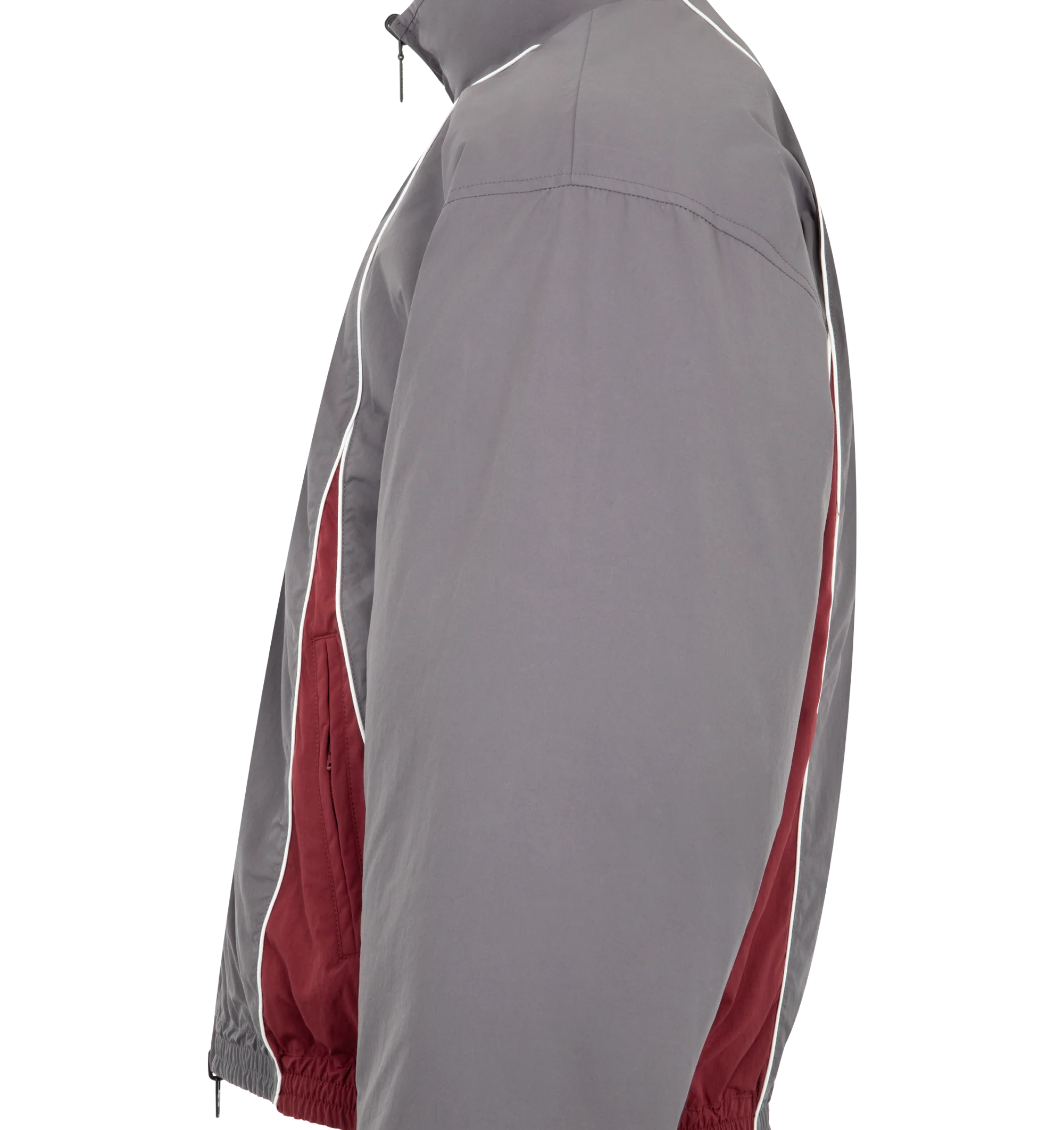 Image 4 of 4 - GREY - BALENCIAGA Reversible Tracksuit Jacket featuring cotton-like polyamide, reversible design: one smoky purple side with contrasting yokes, one plain black side, high neck, front zip closure, long sleeves, 2 zipped slash pockets on the smoky purple side, 2 snap slash pockets on the black side, elasticated cuffs and waistband and loop sports icon embroidered on chest on both side. 100% polyamide. 100% polyester. Filling: duck down. Made in Italy.