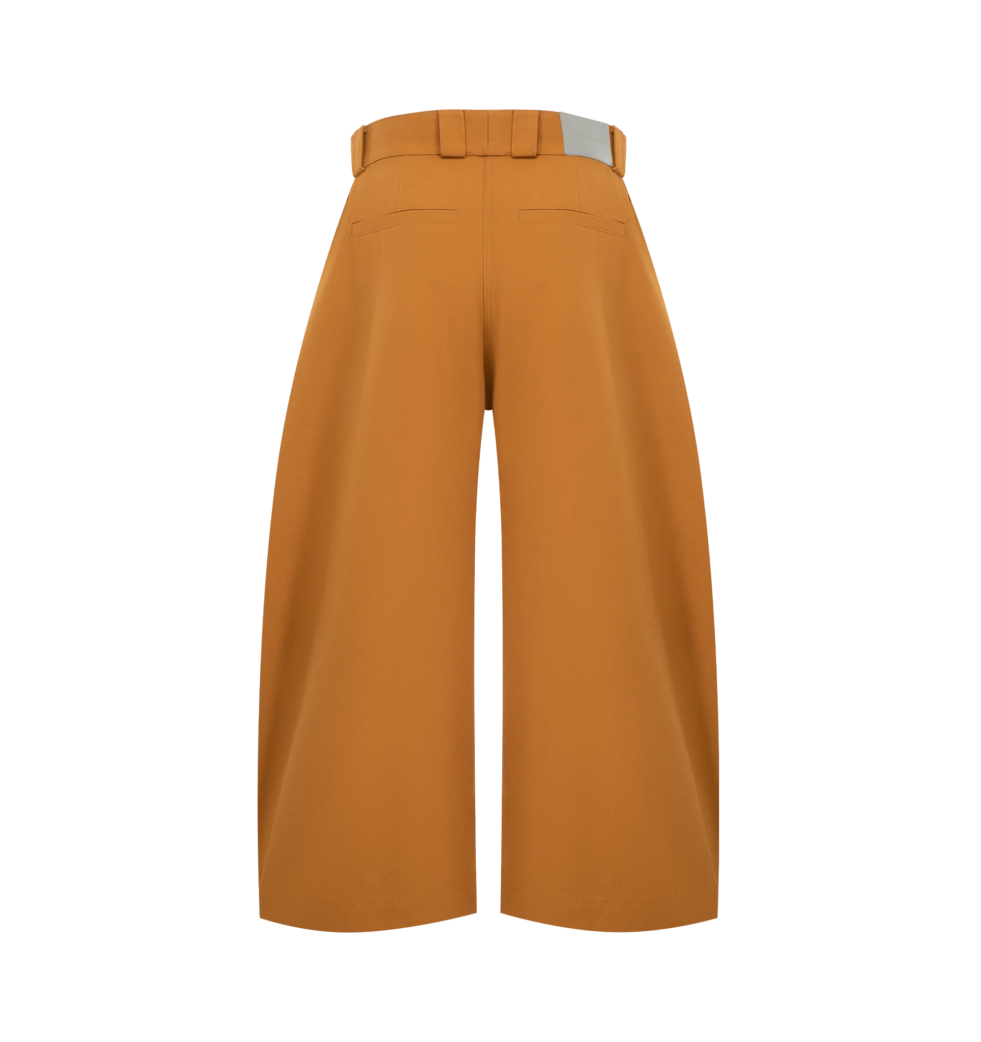 Image 2 of 3 - BROWN - BALENCIAGA Pleated Barrel-Leg Ankle Bermuda Pants featuring curved barrel silhouette with a single pleated front, mid rise sits high on hip, single pleated front, two front slash pockets, two back welt pockets, leather jacron with Balenciaga logo at the back, curved barrel legs, cropped at the ankle, covered snap button, zip fly and belt loops. Cotton/leather. Made in Italy. 