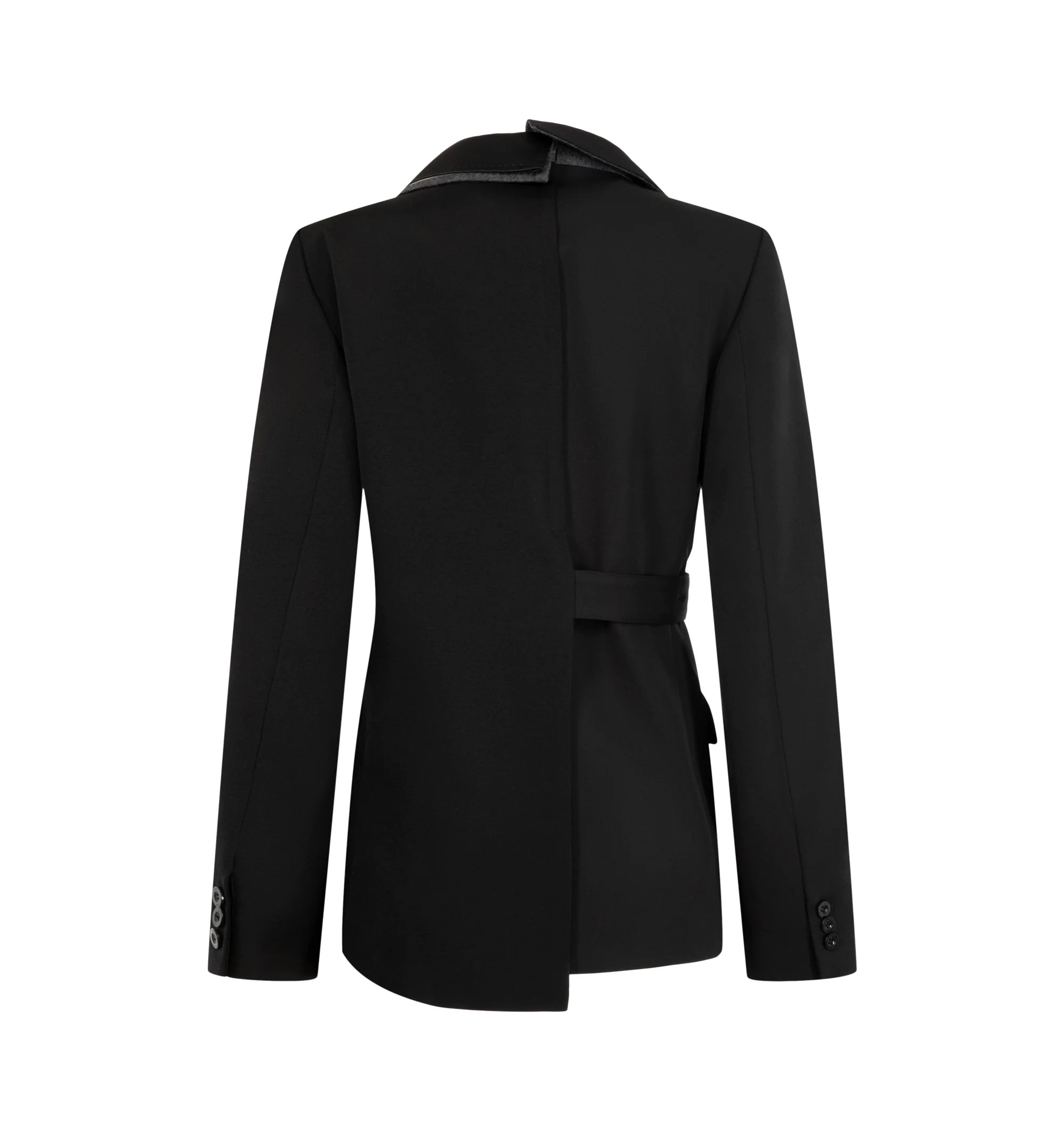 Image 2 of 2 - BLACK - Sacai Women's Silk Cotton asymmetric blazer features an overlapping satin-trimmed lapel and a wrapped side-tie detail. Materials: 54% Silk, 46% Cotton, Attached Parts: 55% Polyester, 45% Wool.